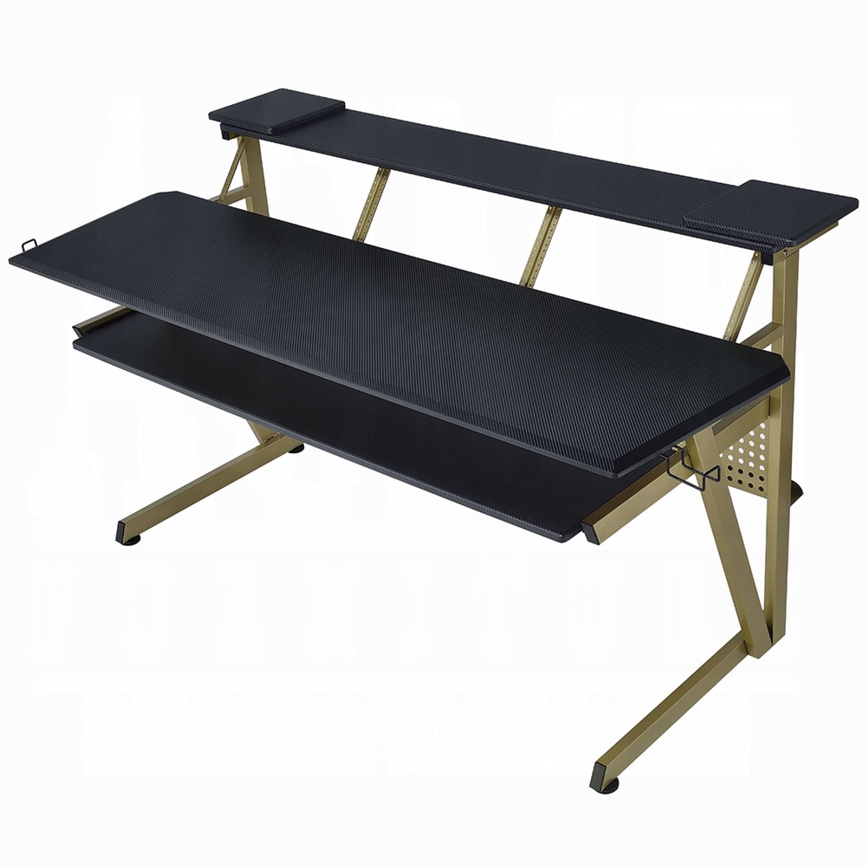 Back. Manhattan Lane - Vion 71 Inch Music Producer Desk for Computer, Black, 3 Tier Shelves - Black and Gold.