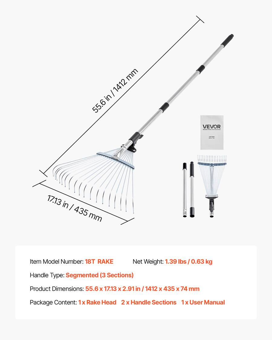 Matallic Rake VEVOR Leaf Rake, 18 Metal Tines, Adjustable Garden Rake for Lawns with ...