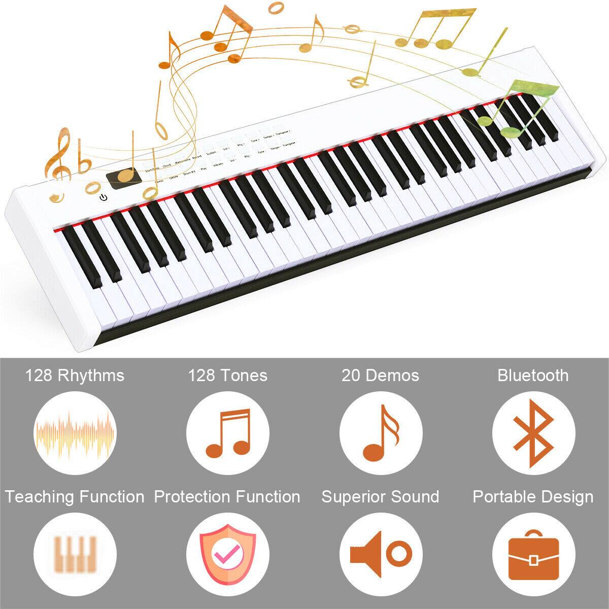The text on the image can be grouped and corrected as follows:
1. Features: 128 Rhythms, 128 Tones, 20 Demos, Bluetooth, Teaching Function, Protection Function, Superior Sound, Portable Design.