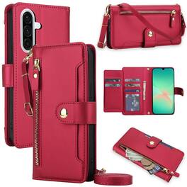 Dteck - Zipper Wallet Case for Samsung Galaxy A17 5G with Lanyard PU Leather Magnetic Closure Flip Credit Card Holder Cover - Red