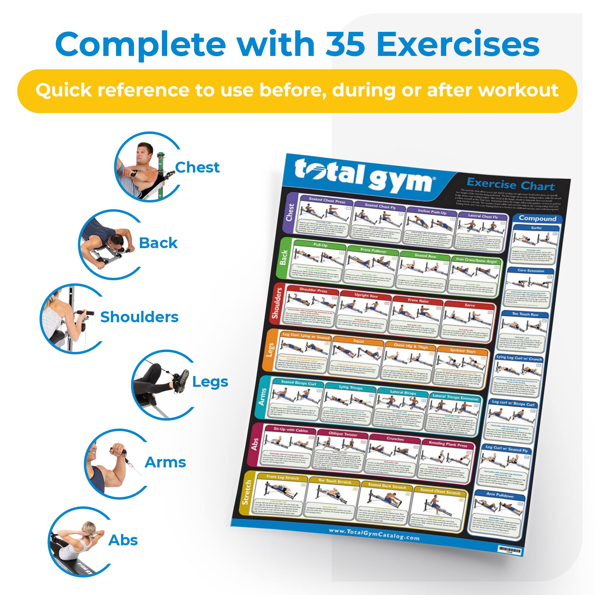 Complete with 35 Exercises  
Quick reference to use before, during or after workout  

Chest  
Back  
Shoulders  
Legs  
Arms  
Abs  

www.TotalGymCatalog.com