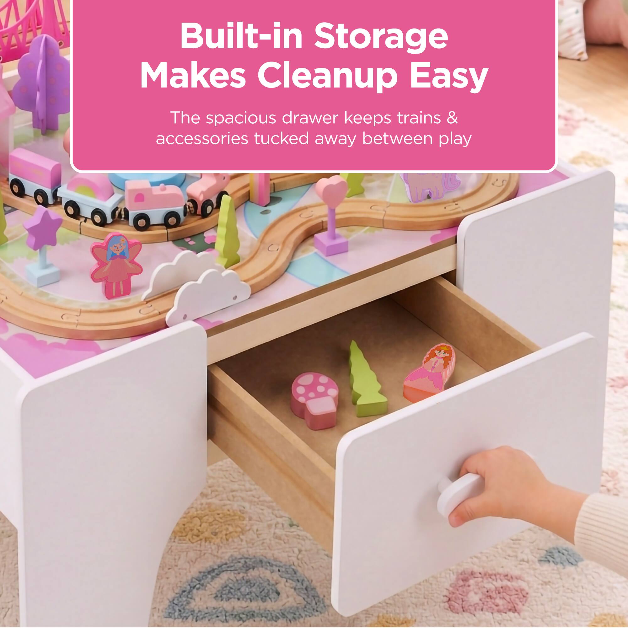 Built-in Storage Makes Cleanup Easy

The spacious drawer keeps trains & accessories tucked away between play