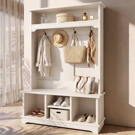 Whisen - Multifunctional Hall Tree with Shoe Storage Bench, Heavy-Duty Entryway Coat Rack Organizer - White