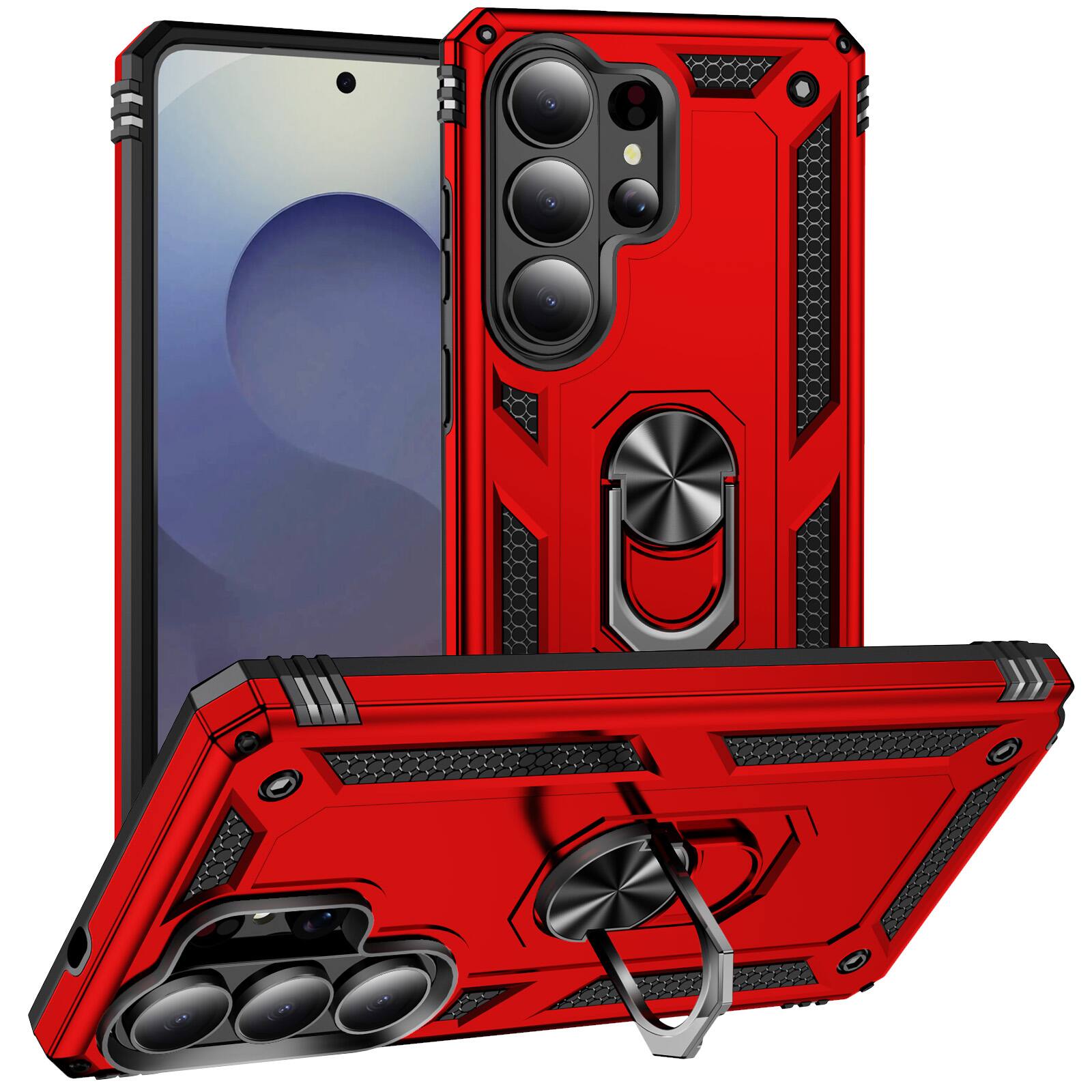 Front. Dteck - Heavy Duty Magnetic Ring Stand Cover for Samsung Galaxy S25 Ultra, Shockproof Armor Dual Layer PC TPU Phone Case - Red.