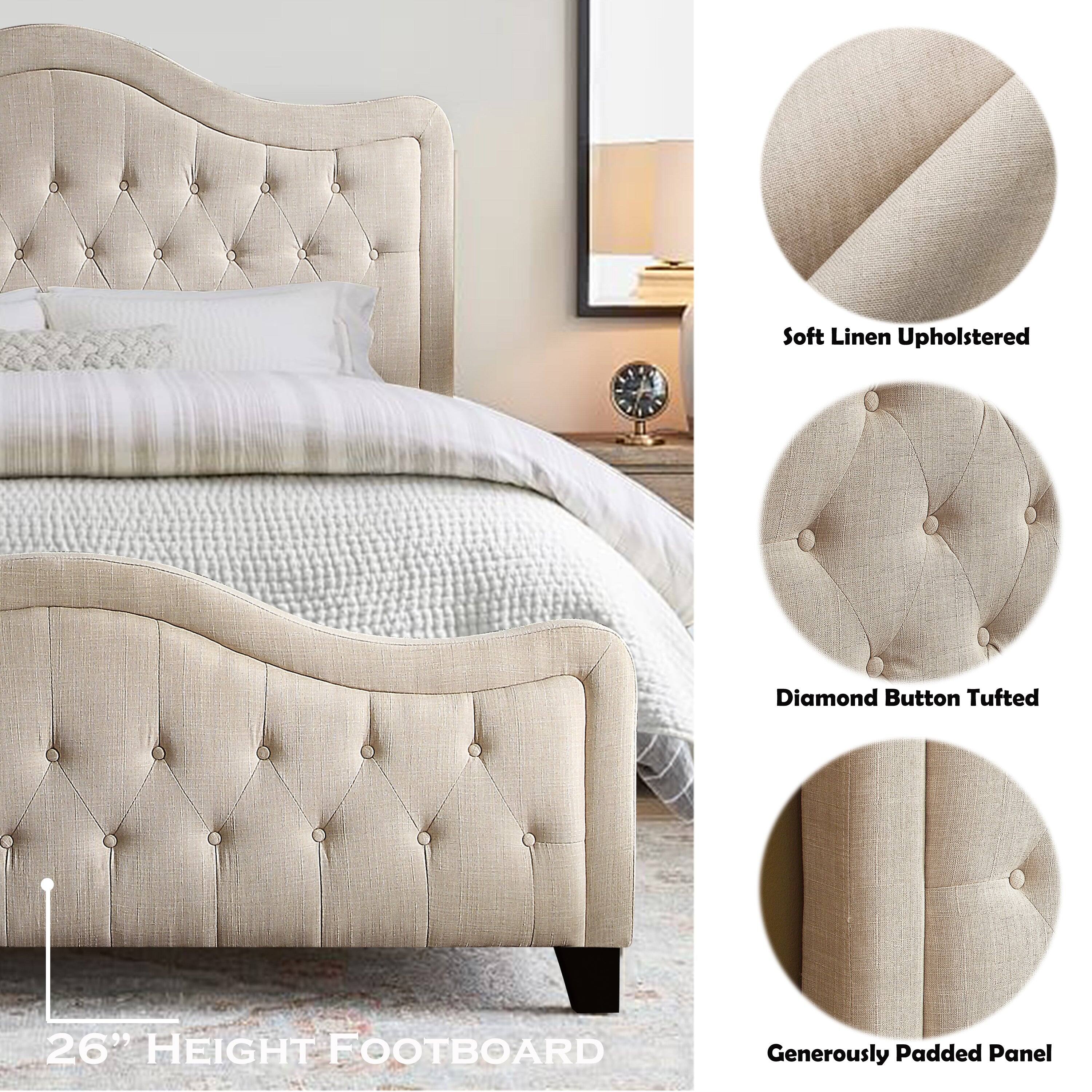 Soft Linen Upholstered Diamond Button Tufted 26" Height Footboard Generously Padded Panel