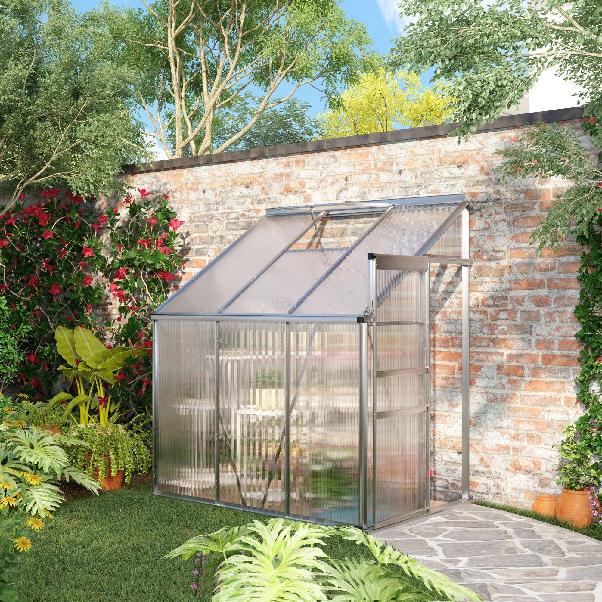 Alt View 1. Outsunny - x 4' Aluminum Lean-to Greenhouse Polycarbonate Walk-in Garden Greenhouse with Adjustable Roof Vent.