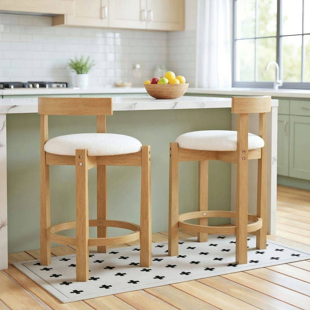 Kadyn - Set of 2 24-Inch Teddy Velvet Upholstered Counter-Height Bar Stools with Backrests and Footrests, Natural and - Beige