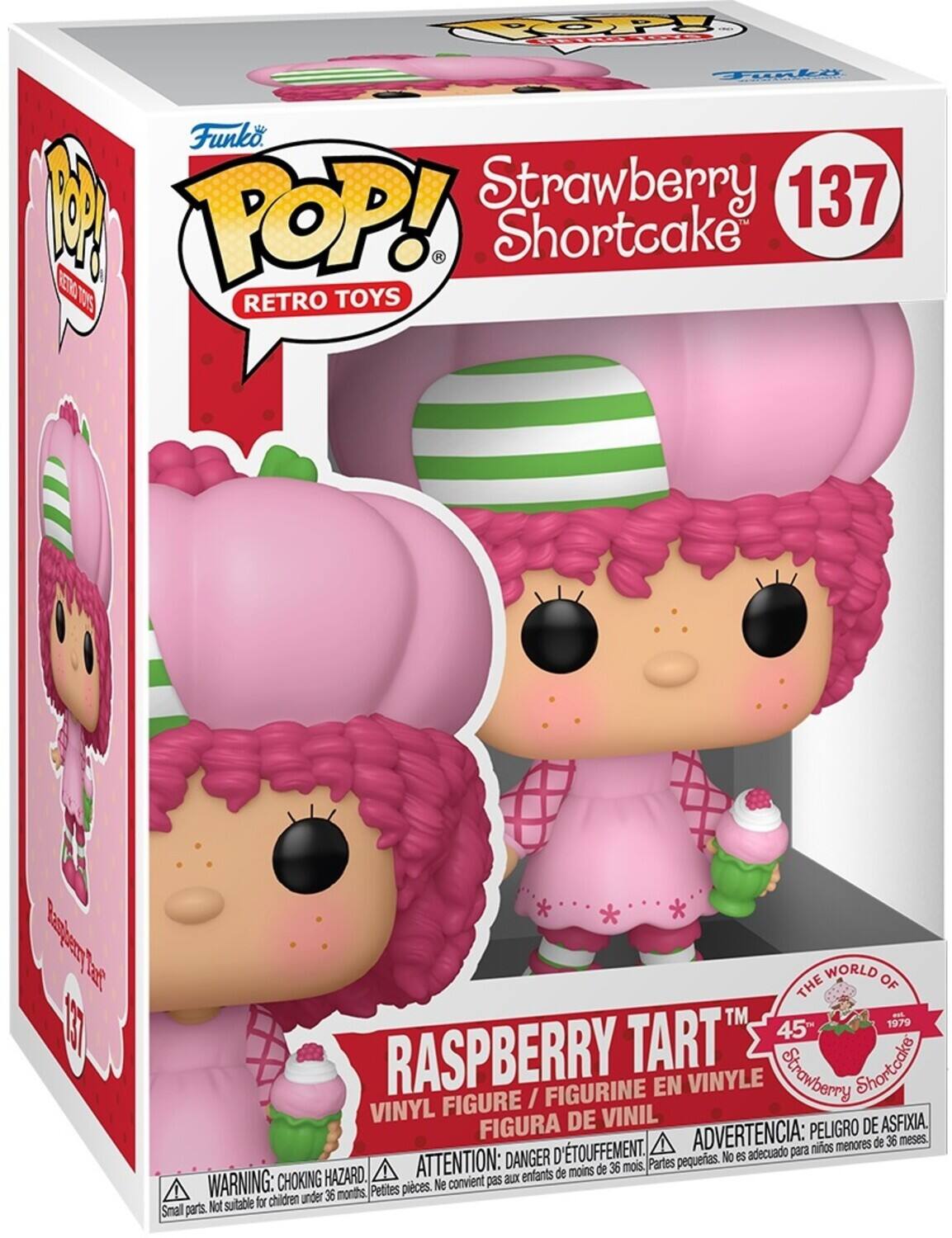 Sure, here is the corrected and grouped text from the image:

---

**Funko POP! RETRO TOYS**

**Strawberry Shortcake**

**137**

**RASPBERRY TART™**

**VINYL FIGURE / FIGURINE EN VINYLE / FIGURA DE VINIL**

**THE WORLD OF Strawberry Shortcake™**

**45th Anniversary**

**WARNING: CHOKING HAZARD. Small parts. Not suitable for children under 36 months.**

**ATTENTION: DANGER D'ÉTOUFFEMENT. Petites pièces. Ne convient pas aux enfants de moins de 36 mois.**

**ADVERTENCIA: PELIGRO DE ASFIXIA. Partes pequeñas. No es adecuado para niños menores de 36 meses.**

---

This text is organized to reflect the information on the packaging, including the brand, character, series number, product name, anniversary, and safety warnings.