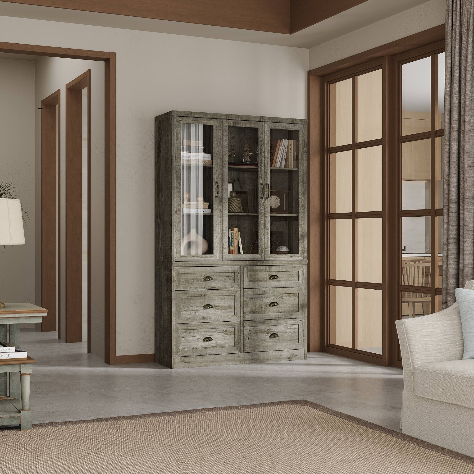 Alt View 7. FUFU & GAGA - Vintage Distressed Glass Display Cabinet with Bronze Shell Handles and Tempered Glass for Living Room or Study - Gray.