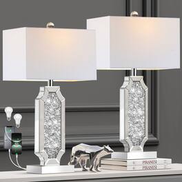 partphoner - 3-Way Dimmable Touch Diamond Crushed Mirrored Bedside Table Lamps - Silver