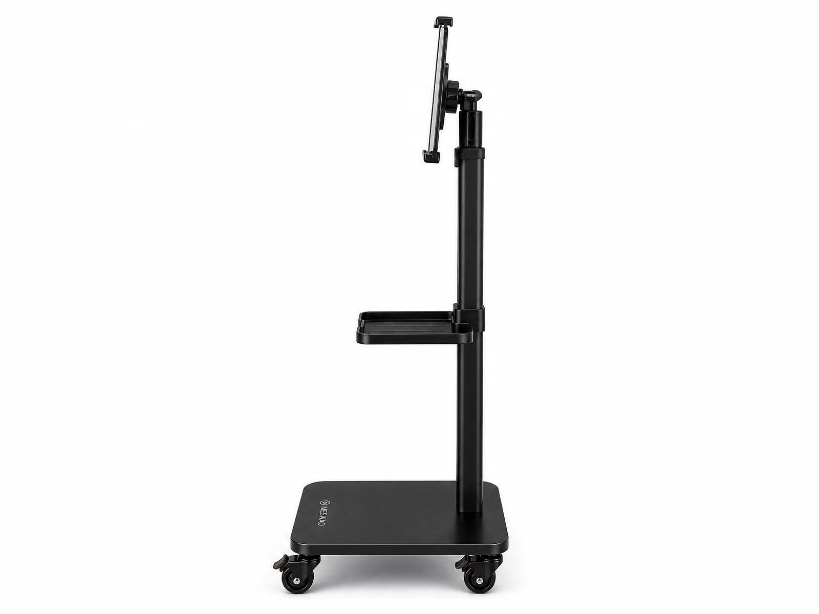 Left. MESWAO - MESWAO Universal Rolling Tablet Floor Stand, Adjustable Height 31.5-47.6 in, Lockable Wheels, Storage Tray, Black - Black.