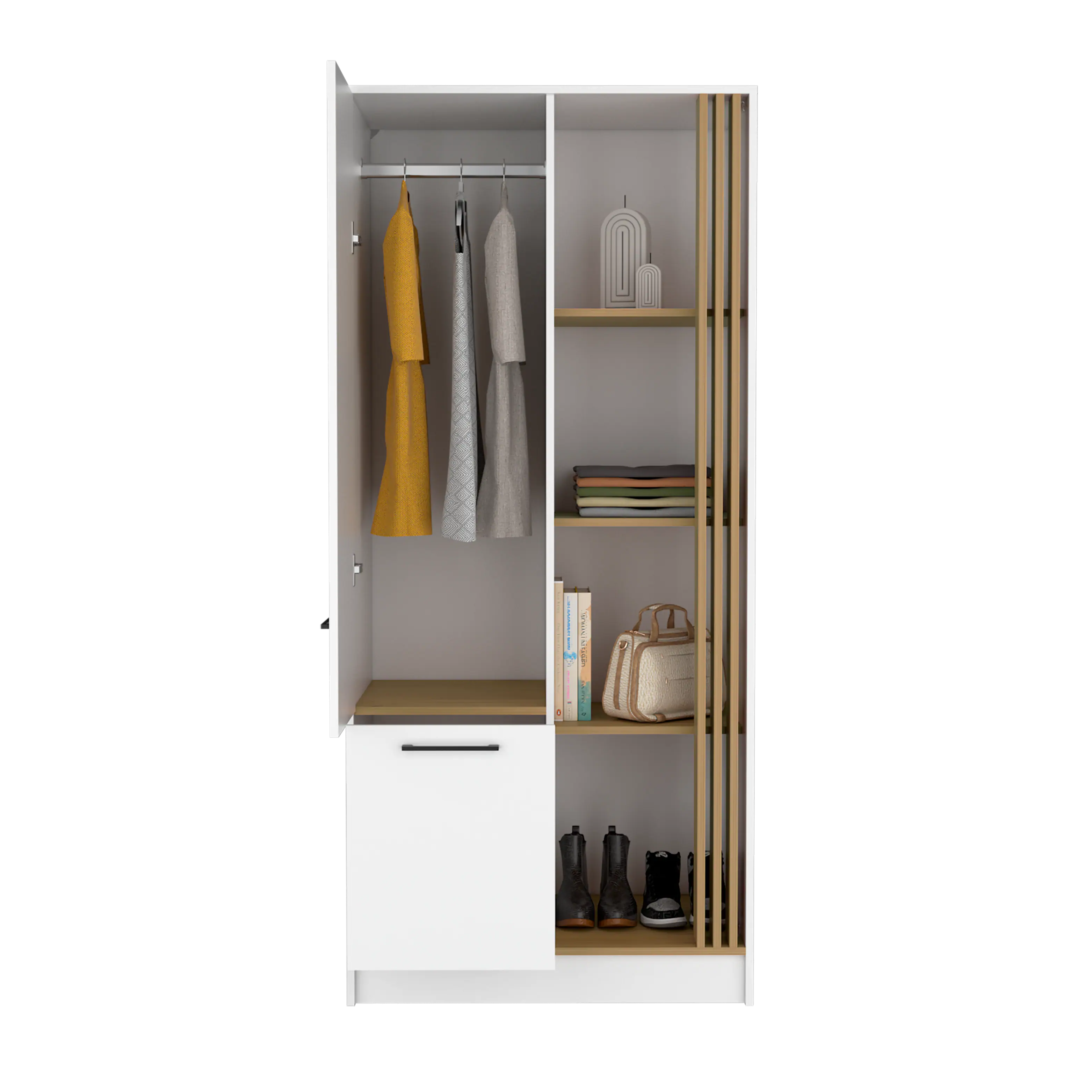 Angle. TuHome - Vance Armoire With Double Doors, Interior Hanging Rod And Shelves, Freestanding Modern Wardrobe Closet - Natural Oak.