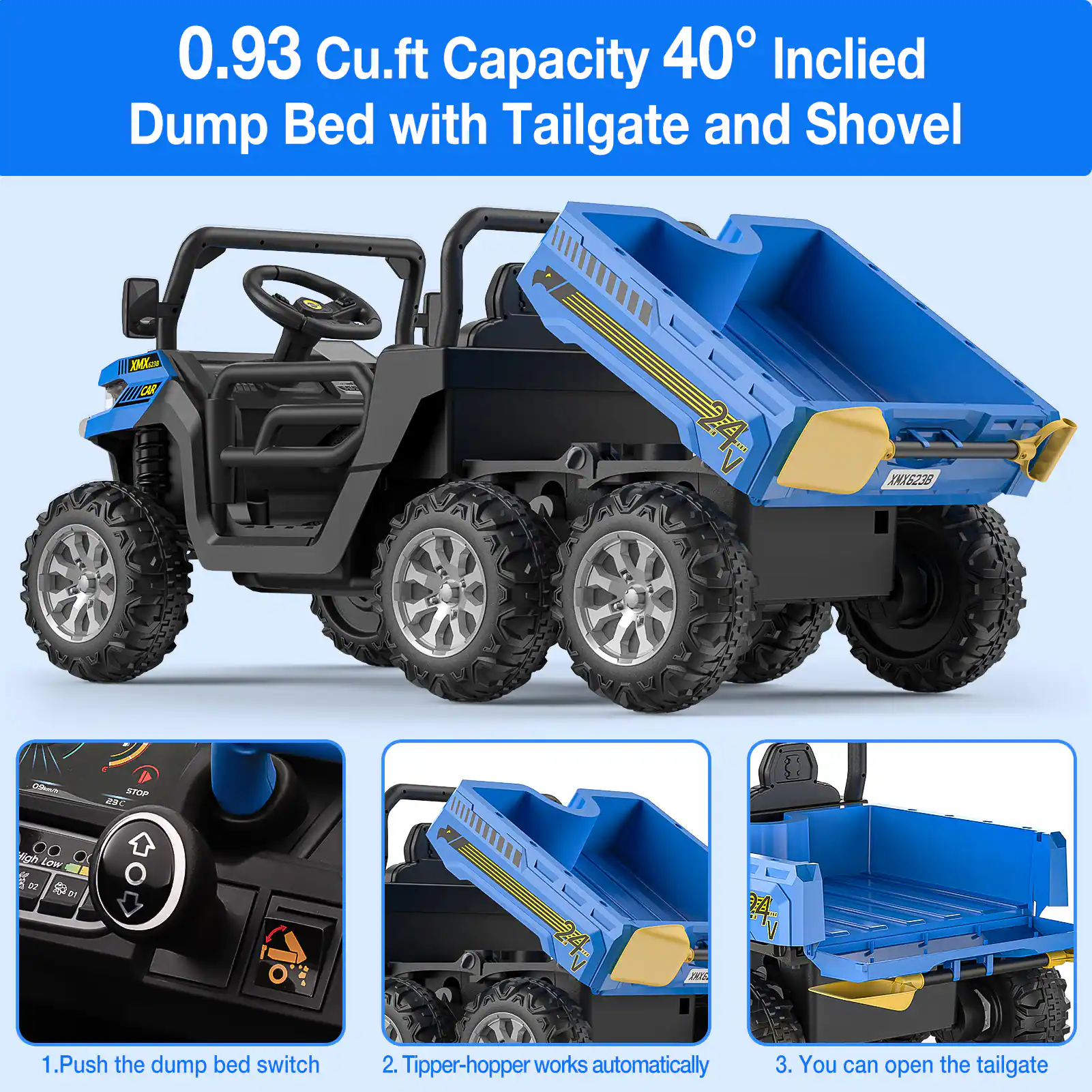 0.93 Cu.ft Capacity 40° Inclined Dump Bed with Tailgate and Shovel

1. Push the dump bed switch
2. Tipper-hopper works automatically
3. You can open the tailgate