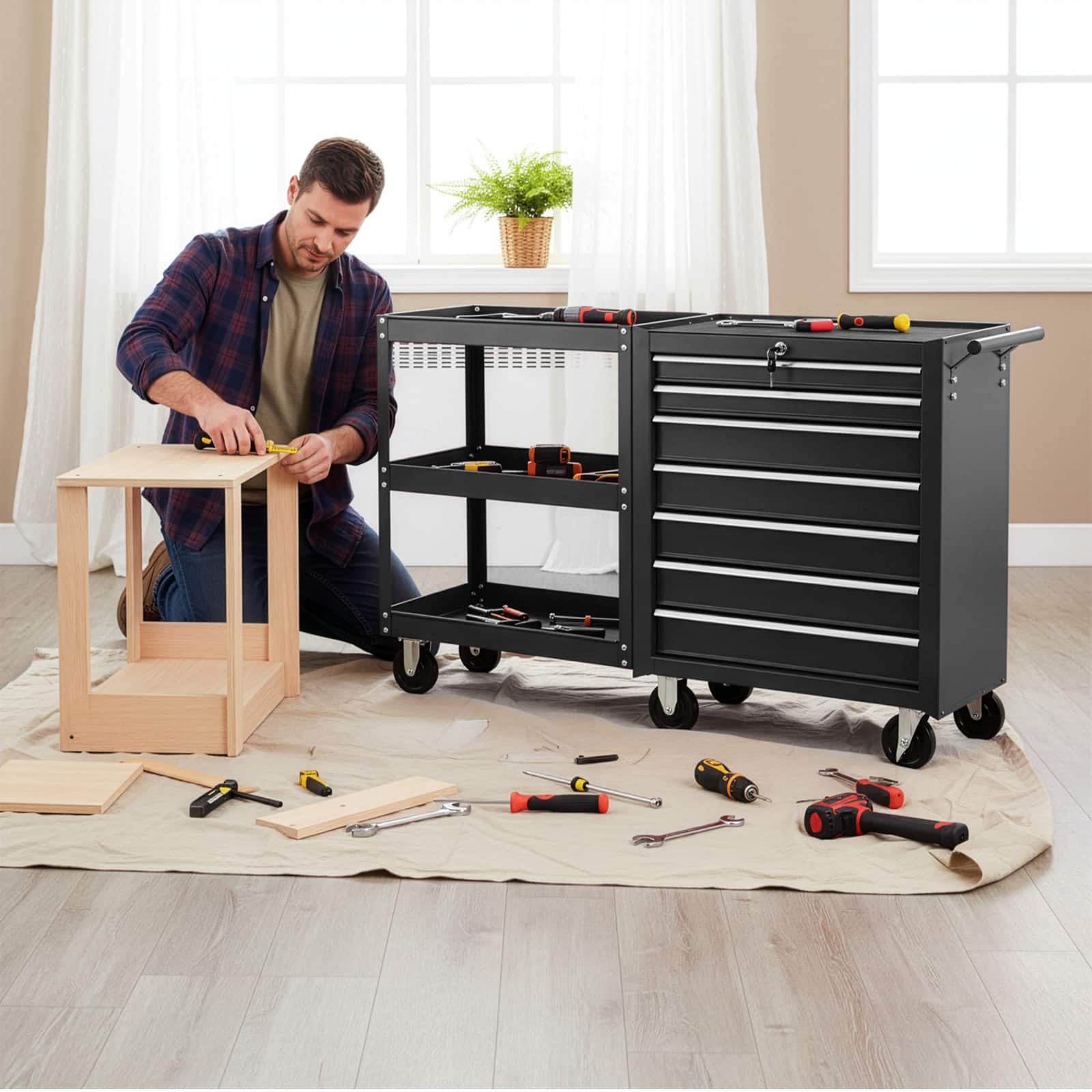 Winado 7 Drawer Tool Chest with Side Shelves, Lock & Key, 6 Wheels