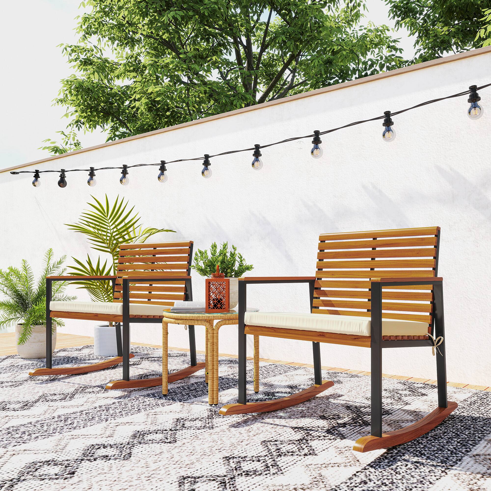 Alt View 7. Outsunny - Outdoor Rocking Chair Set of 2, Acacia Wood Outdoor Rockers with Armrests, Cushion, Patio Wooden Rocking Chair Set - Cream White.