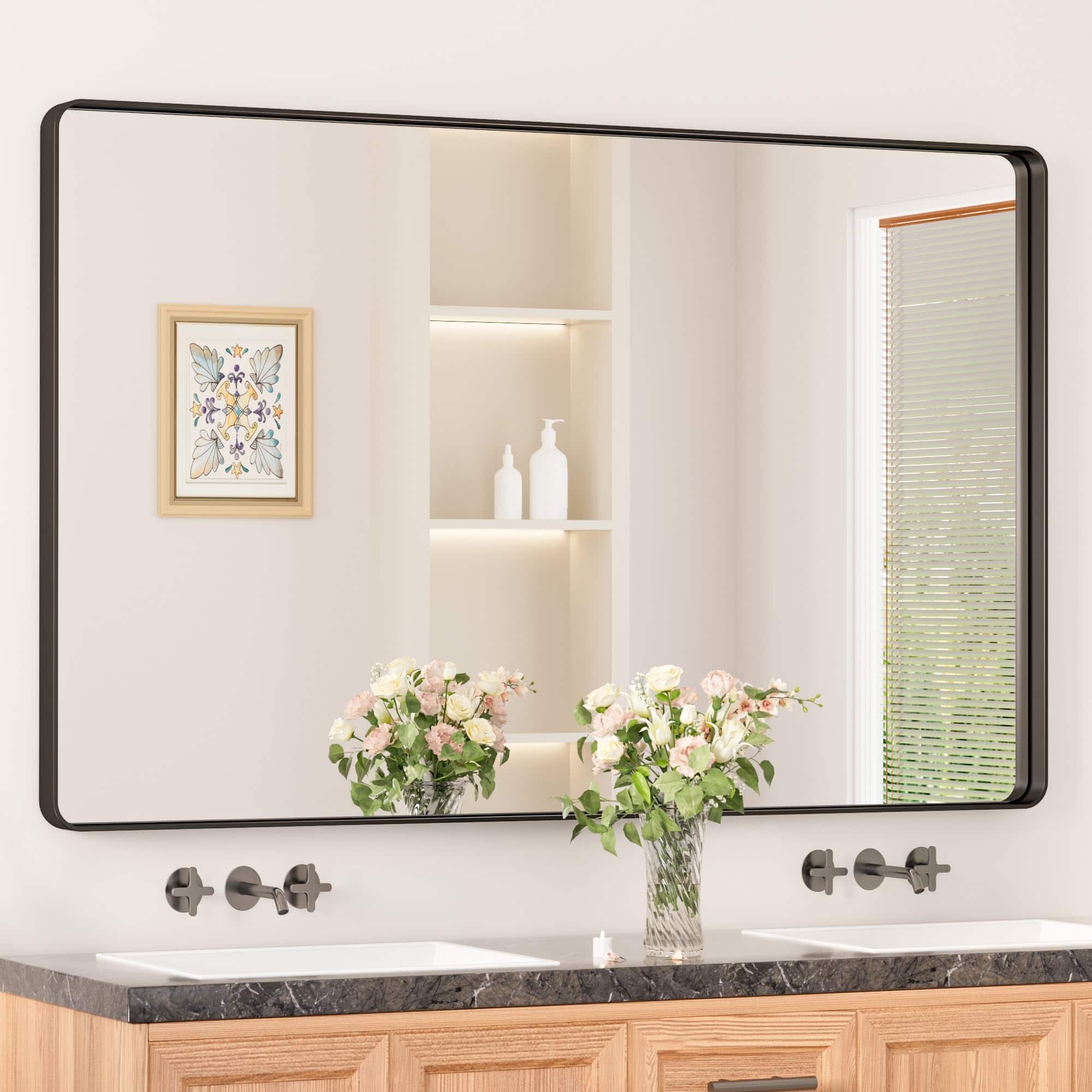Earthley Blooms - 20 X Brushed Nickel Bathroom Mirrors For Over Sink Rounded Rectangle Vanity Mirror Farmhouse Wall Hd Temp - Matte Black-36"L x 48"W