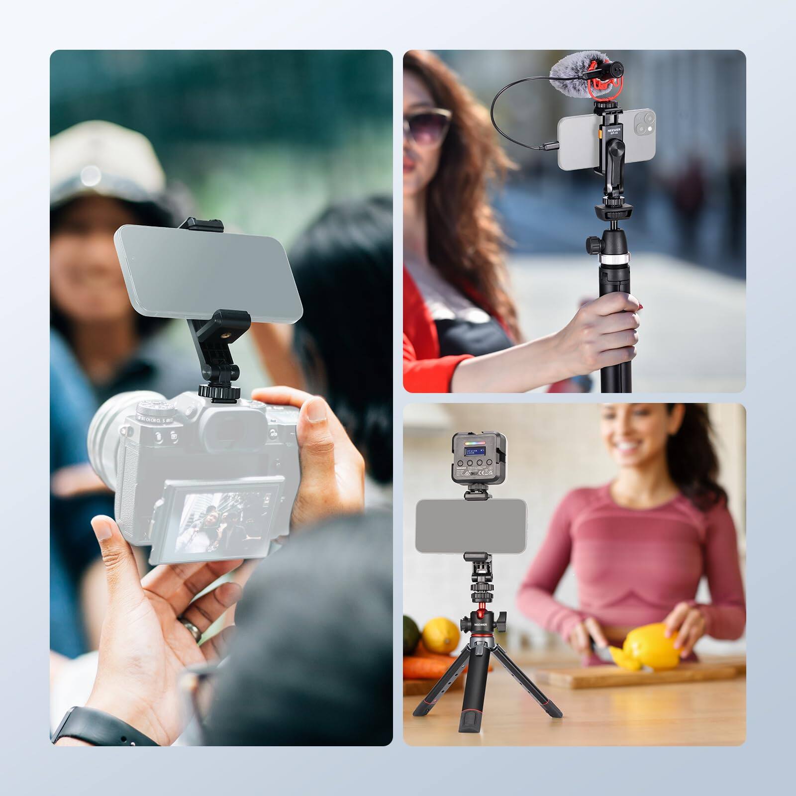 Alt View 4. Neewer - Basic Phone Tripod Mount with Cold Shoe - 360° Rotating Clamp for iPhone & Samsung S24 Ultra - Black.