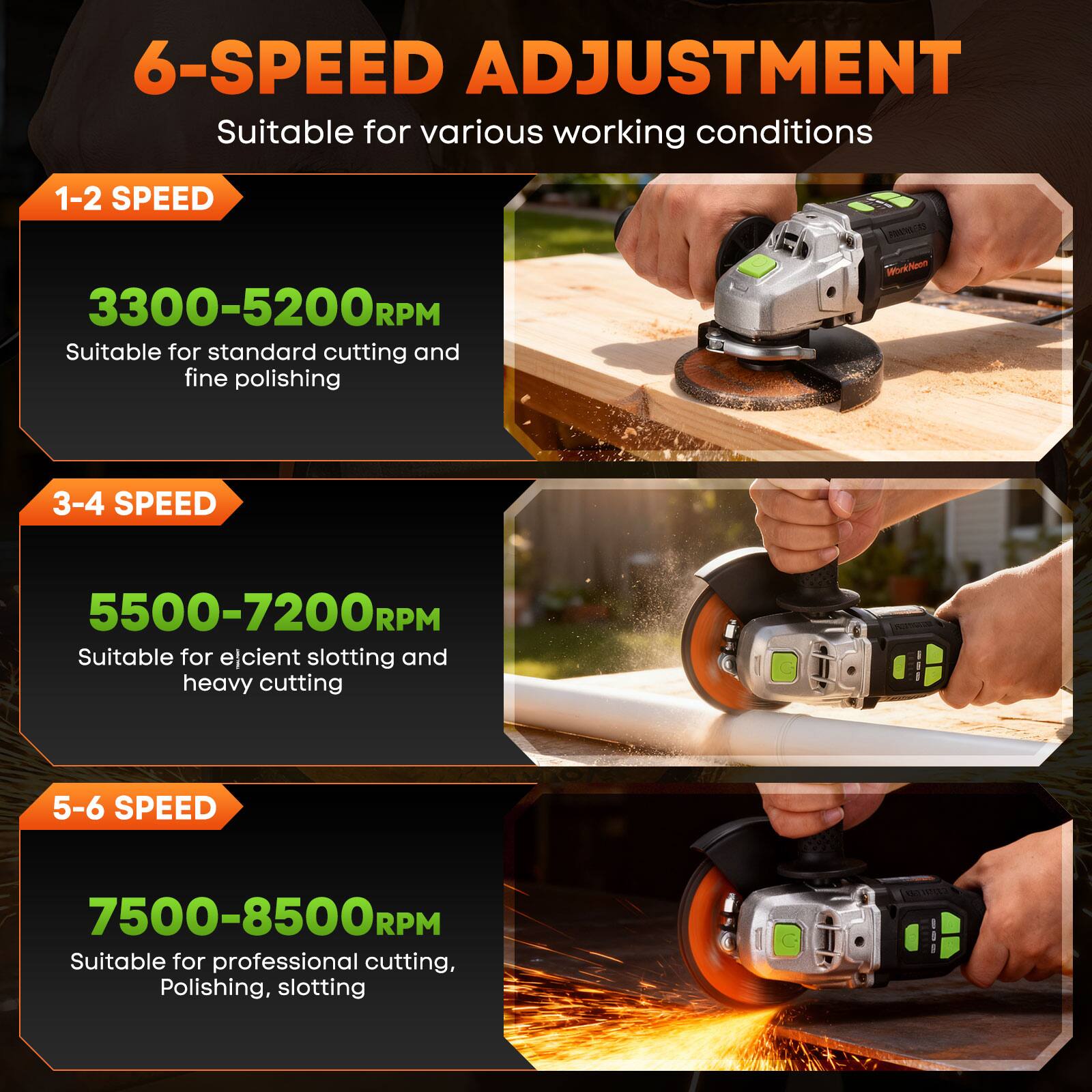 6-SPEED ADJUSTMENT  
Suitable for various working conditions

1-2 SPEED  
3300-5200RPM  
Suitable for standard cutting and fine polishing

3-4 SPEED  
5500-7200RPM  
Suitable for efficient slotting and heavy cutting

5-6 SPEED  
7500-8500RPM  
Suitable for professional cutting, polishing, slotting