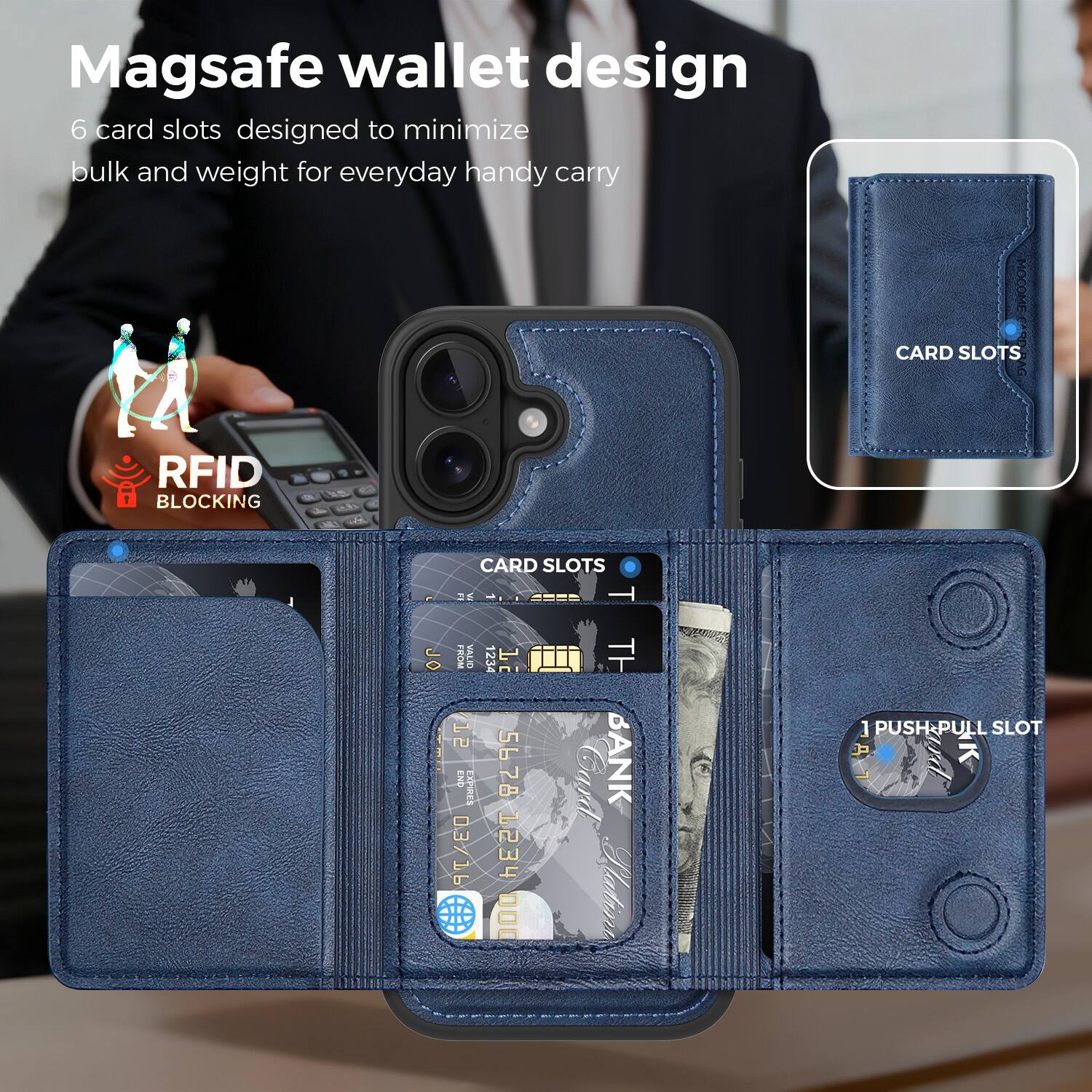 Magsafe wallet design

6 card slots designed to minimize bulk and weight for everyday handy carry

RFID BLOCKING

CARD SLOTS

1 PUSH-PULL SLOT