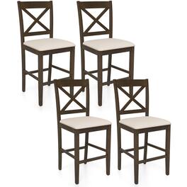 Costway - Rubber Wood X-Back Bar Stools Set of 4 with Upholstered Cushioned Seats & Footrests - Dark Brown and Cream