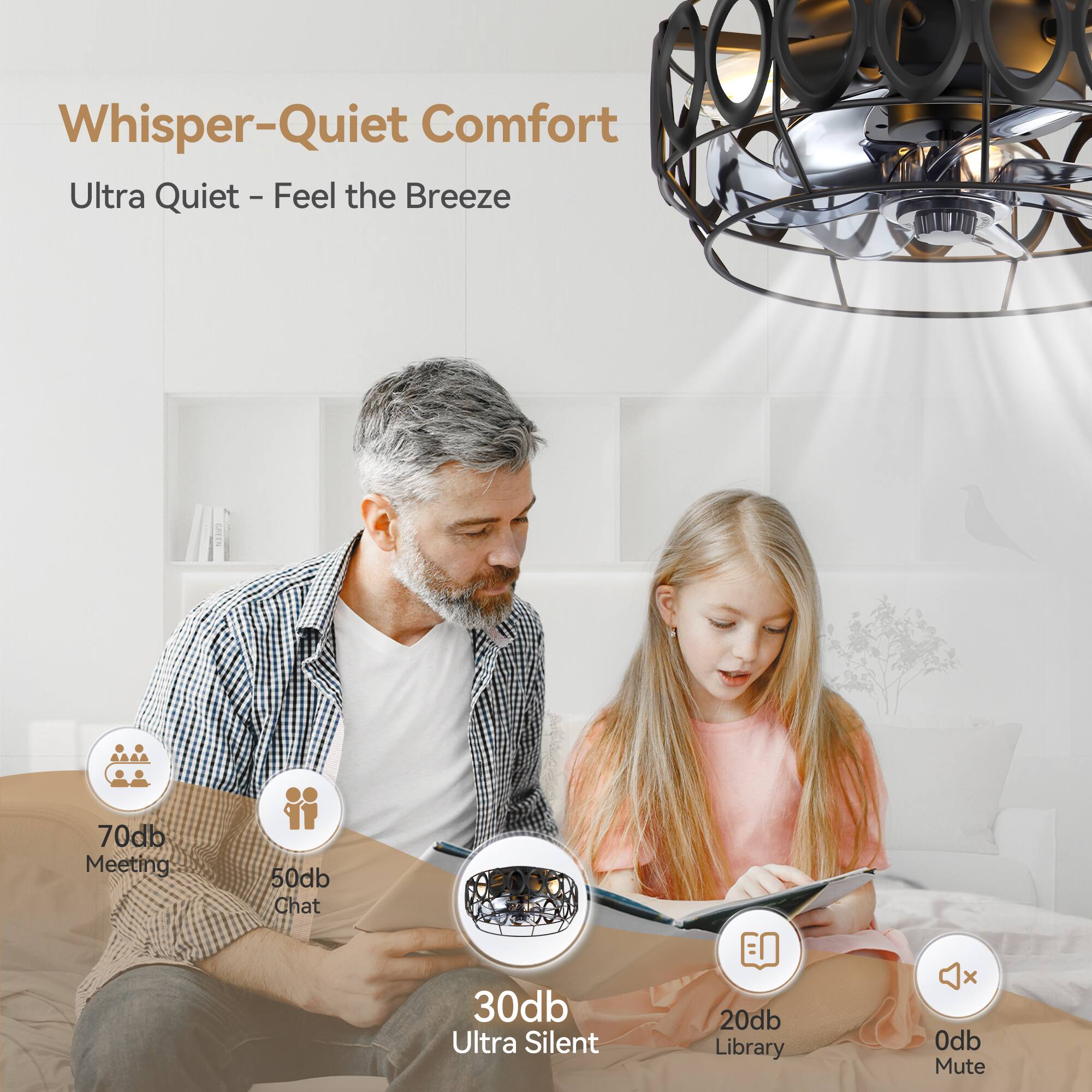 Whisper-Quiet Comfort, Ultra Quiet - Feel the Breeze, 70db Meeting, 50db Chat, 30db Ultra Silent, 20db Library, 0db Mute