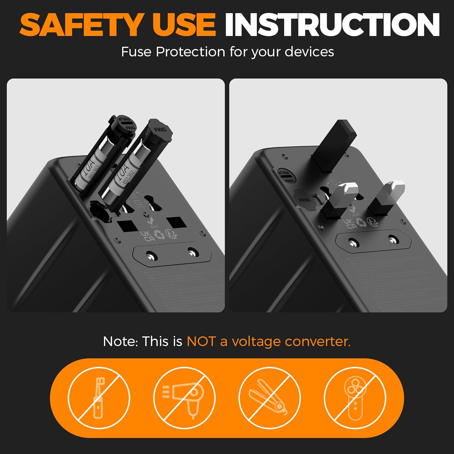 SAFETY USE INSTRUCTION  
Fuse Protection for your devices  

Note: This is NOT a voltage converter.