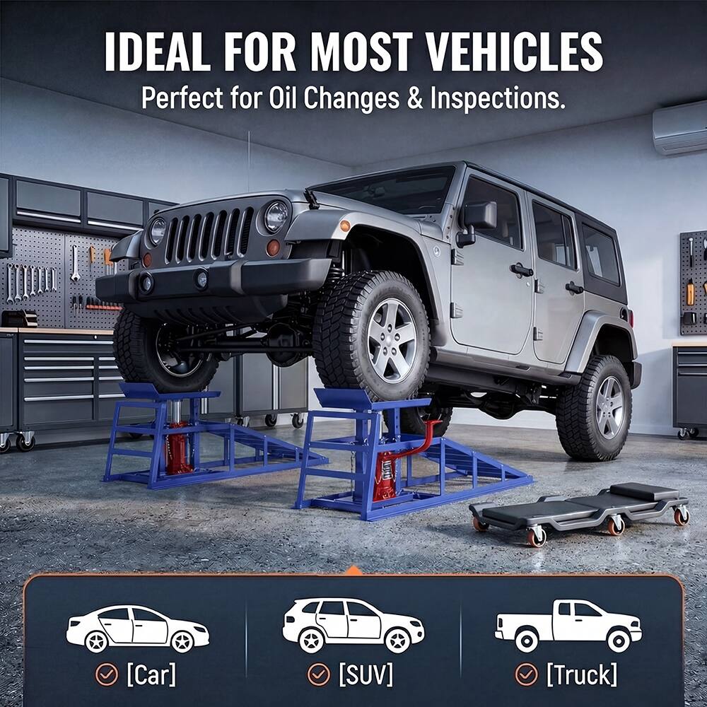 IDEAL FOR MOST VEHICLES  
Perfect for Oil Changes & Inspections.  
[Car]  
[SUV]  
[Truck]