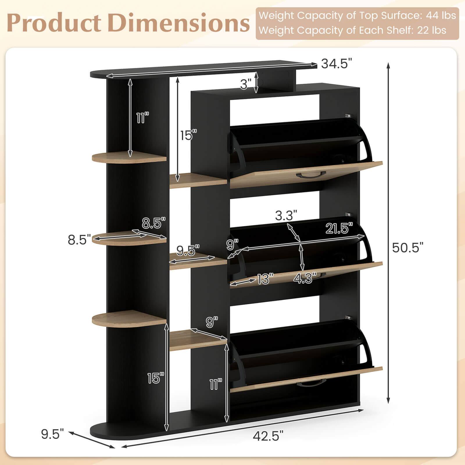 Weight Capacity of Top Surface: 44 lbs  
Weight Capacity of Each Shelf: 22 lbs  

Product Dimensions:  
- 34.5"  
- 3"  
- 11"  
- 8.5"  
- 3.3"  
- 21.5"  
- 50.5"  
- 13"  
- 4.3"  
- 9"  
- 15"  
- 11"  
- 9.5"  
- 42.5"