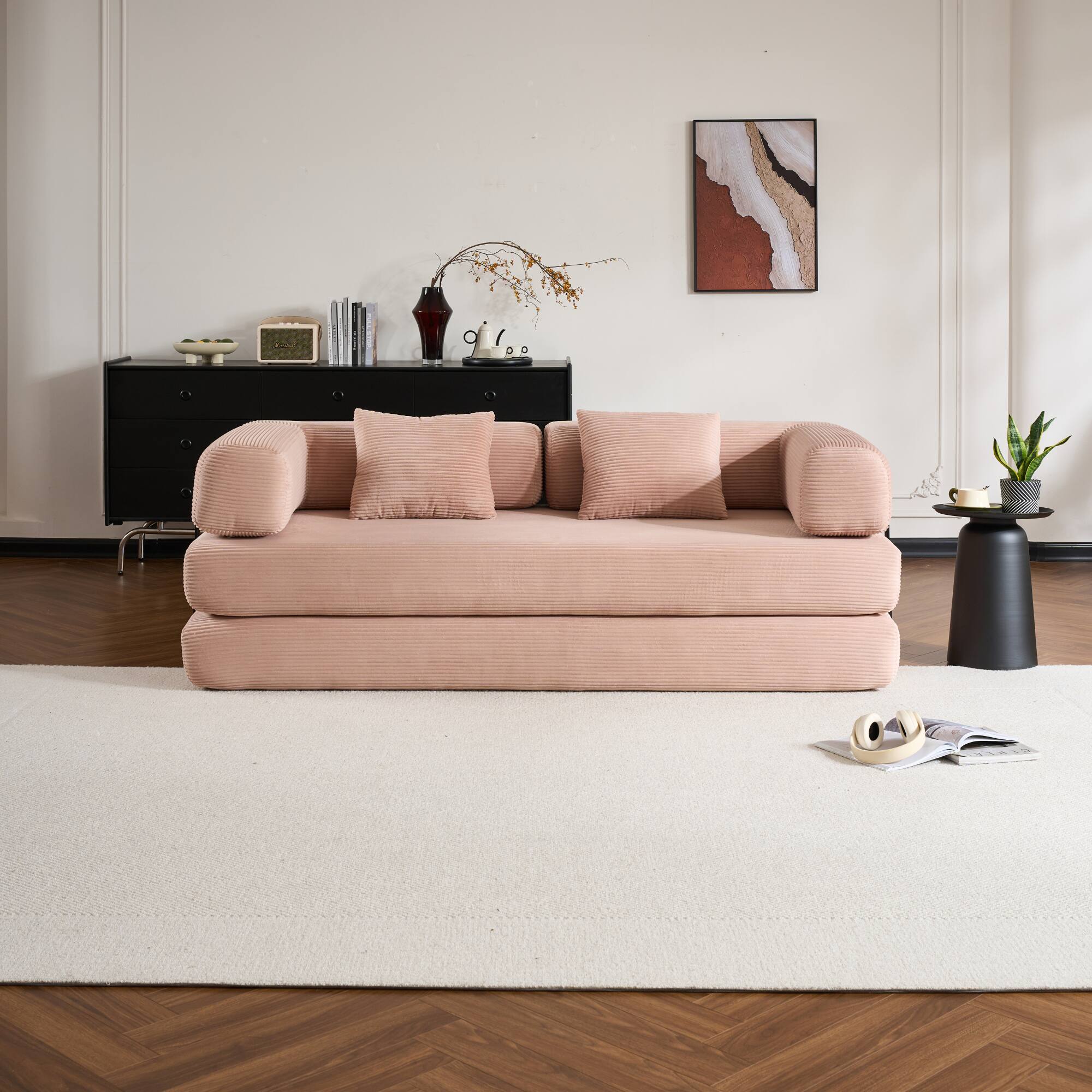 Left. GOODSILO - Convertible Sleeper Sofa in Cylindroy Fabric | Features a Cylindrical Pillow & Space-Saving Foldable Design - Pink.