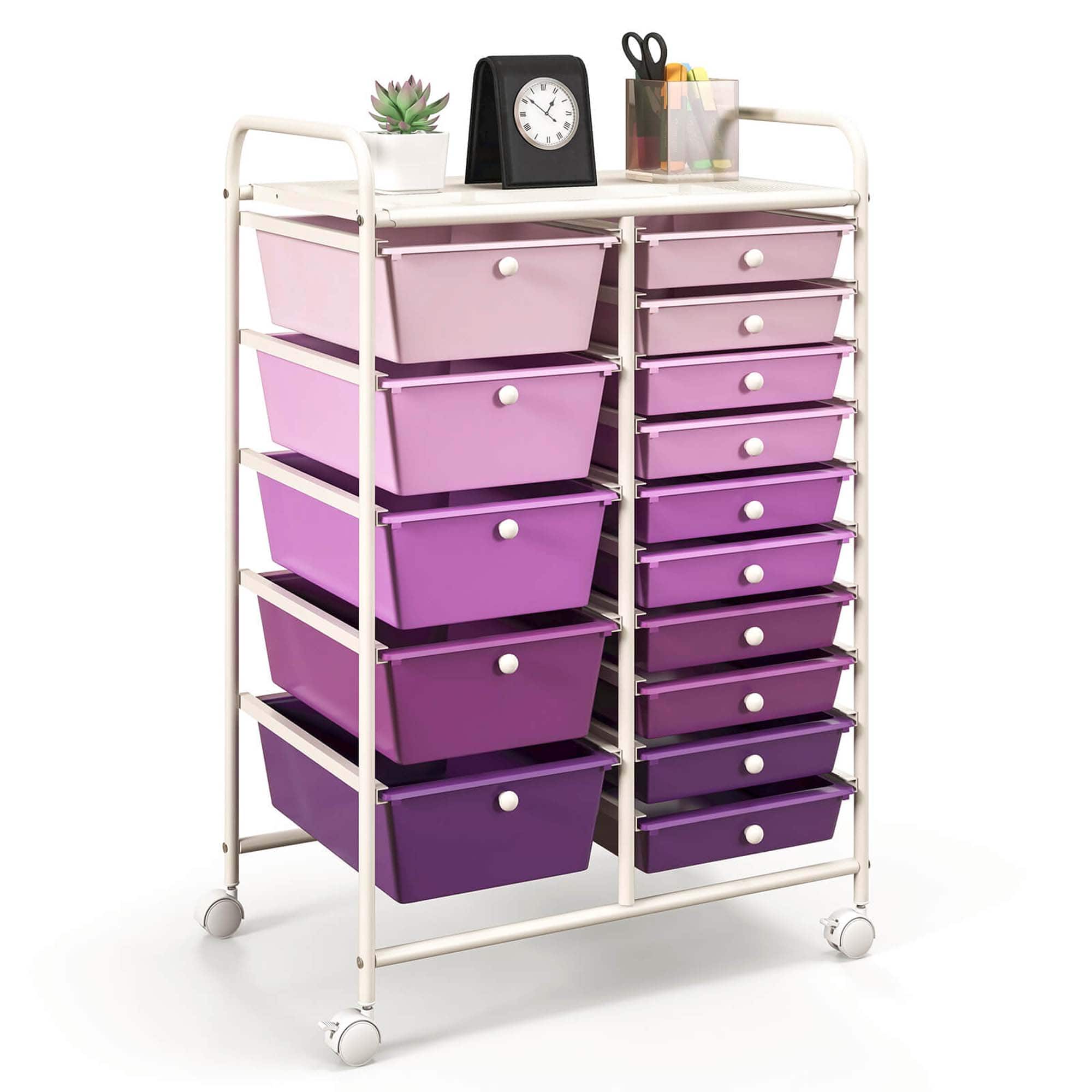 Costway - 15 Drawer Rolling Organizer Cart Utility Storage Tools Scrapbook Paper Multi-Use - Purple