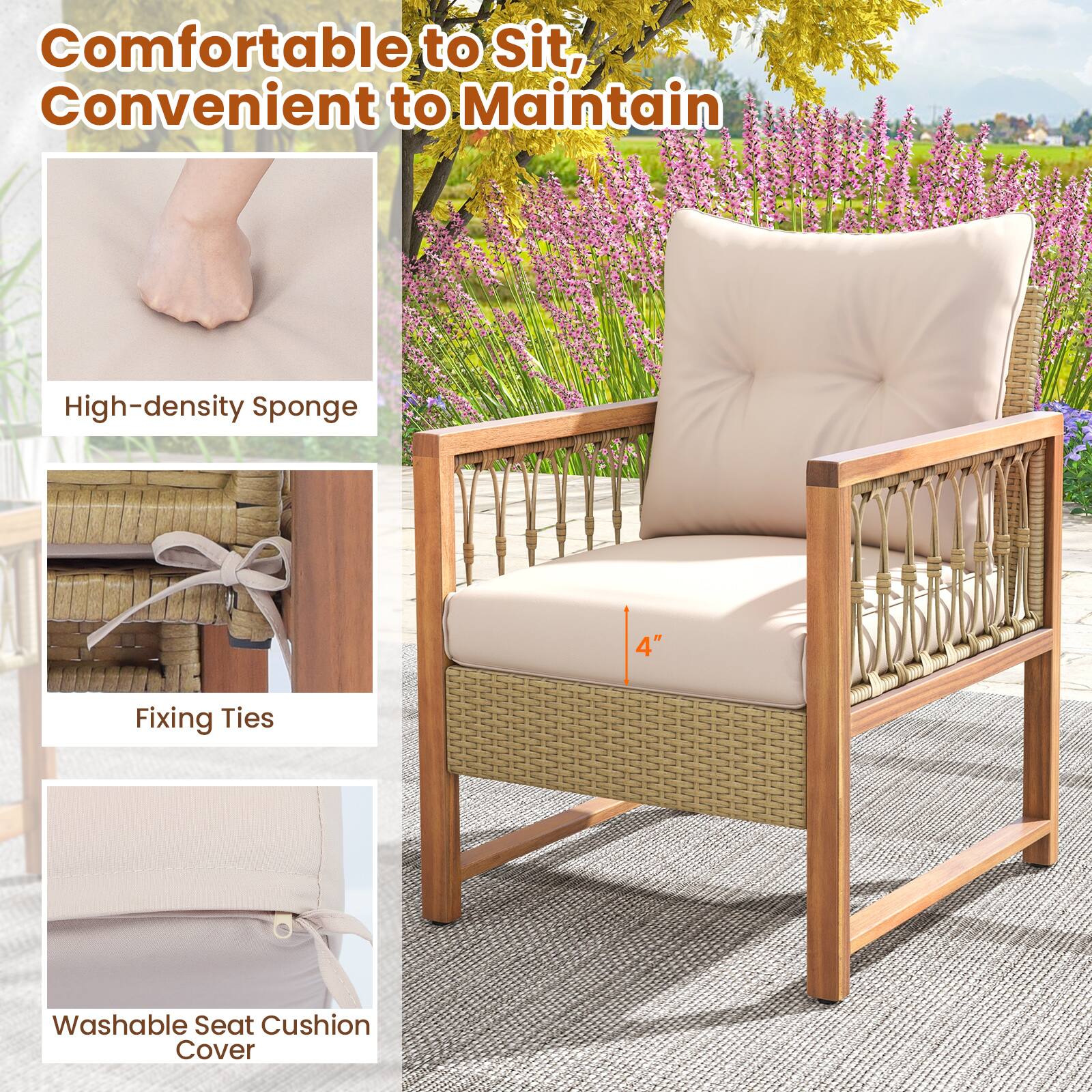 Comfortable to Sit, Convenient to Maintain High-density Sponge 4" Fixing Ties Washable Seat Cushion Cover