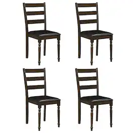Gymax - 4PCS Farmhouse PU Leather Upholstered Dining Chairs w/Ladder Back Padded Seat Black - Brown