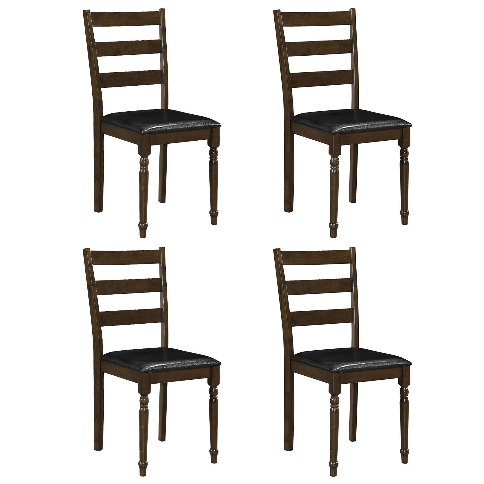Gymax - 4PCS Farmhouse PU Leather Upholstered Dining Chairs w/Ladder Back Padded Seat Black - Brown