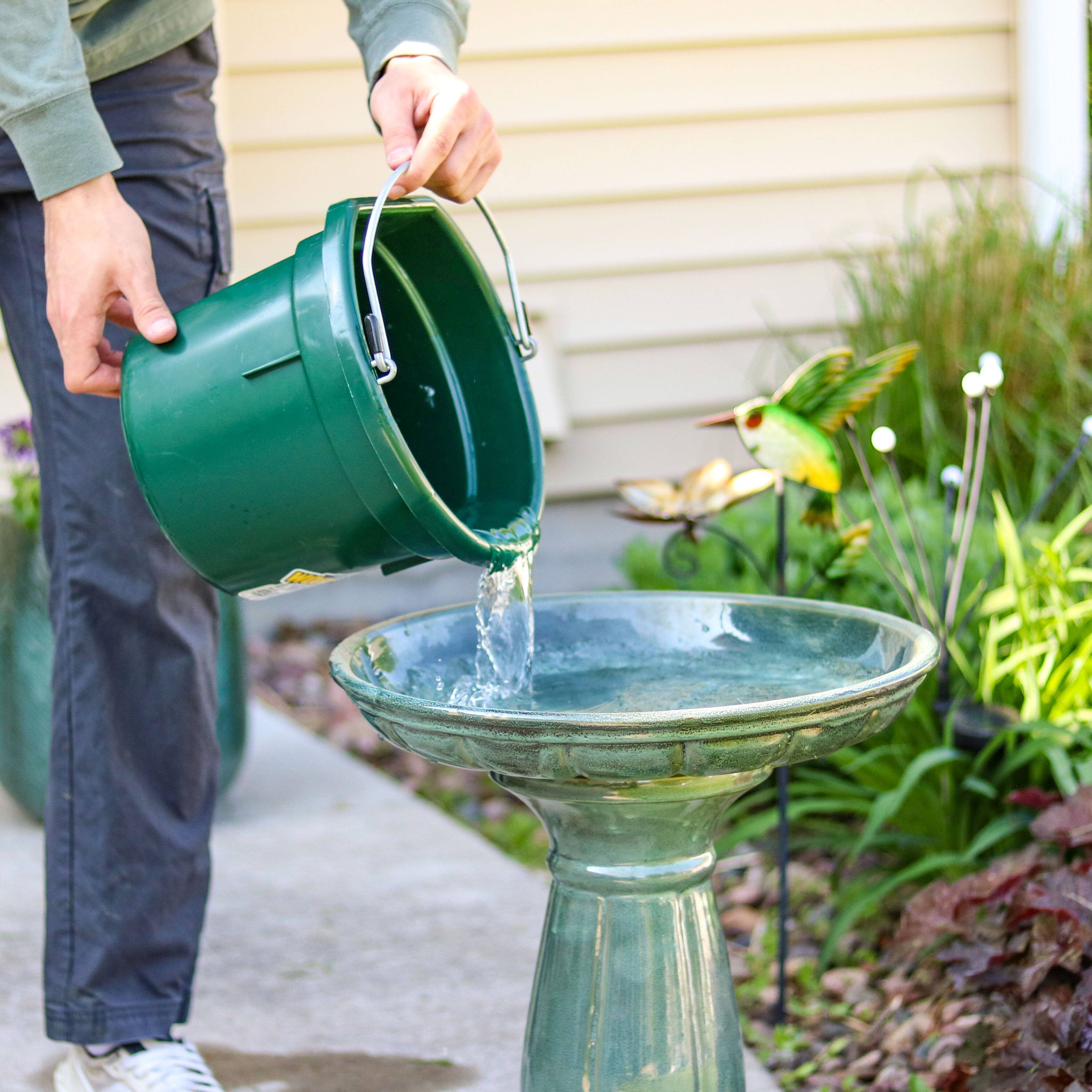 Alt View 3. Sunnydaze - Avignon Glazed Ceramic Bird Bath - 18.75" H - Green.