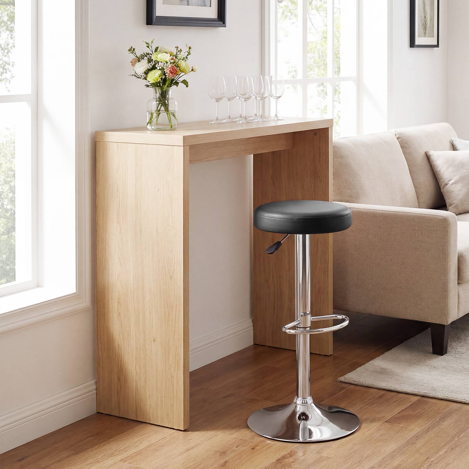 Alt View 1. Costway - Costway 1 PC Round  Backless Bar Stool Adjustable Swivel Pub Chair U Leather with Footrest - Black.