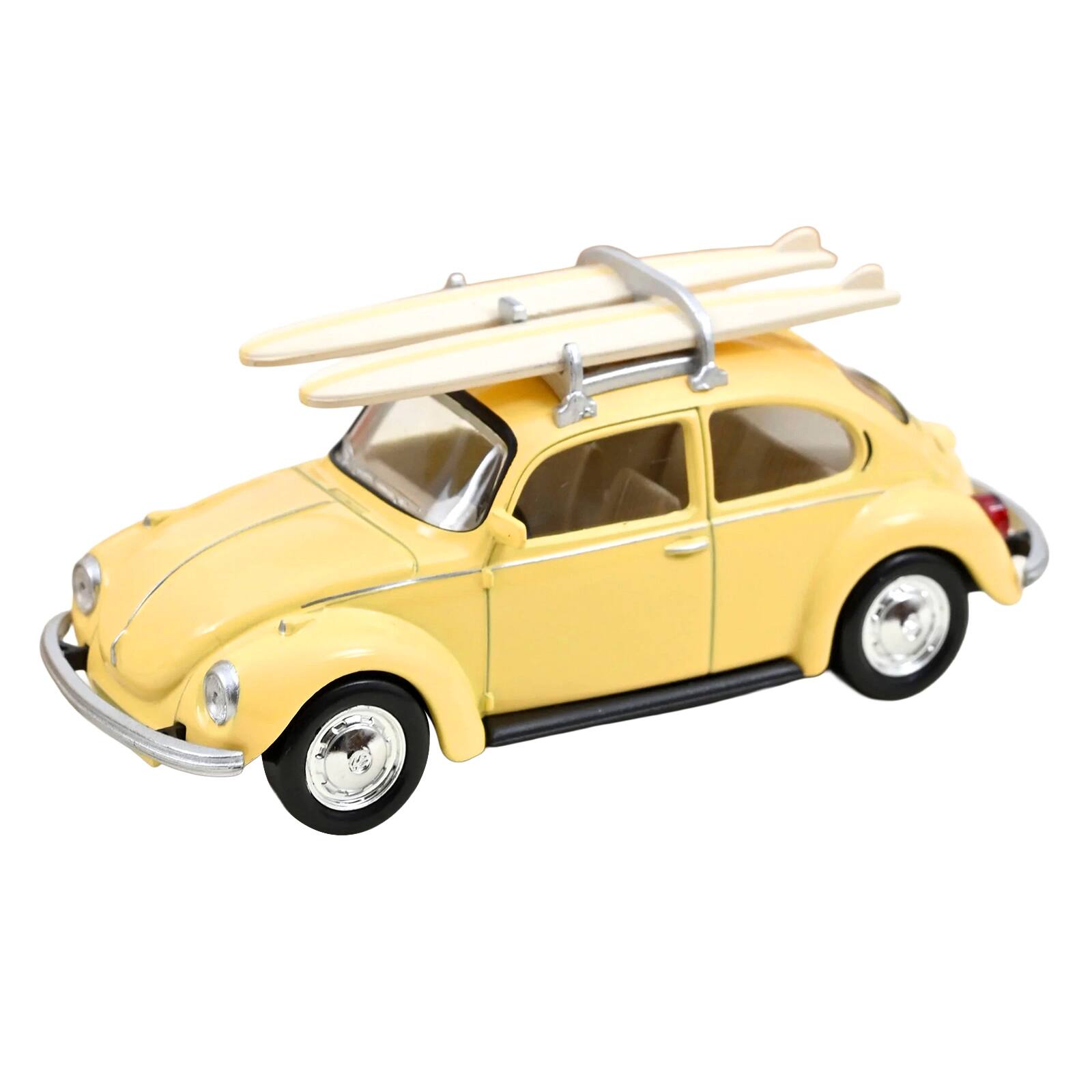 Alt View 3. Norev - 1973 Volkswagen Beetle 1303 Pastel Yellow with Roof Rack and 2 Surfboards 1/43 Diecast Model Car by Norev.