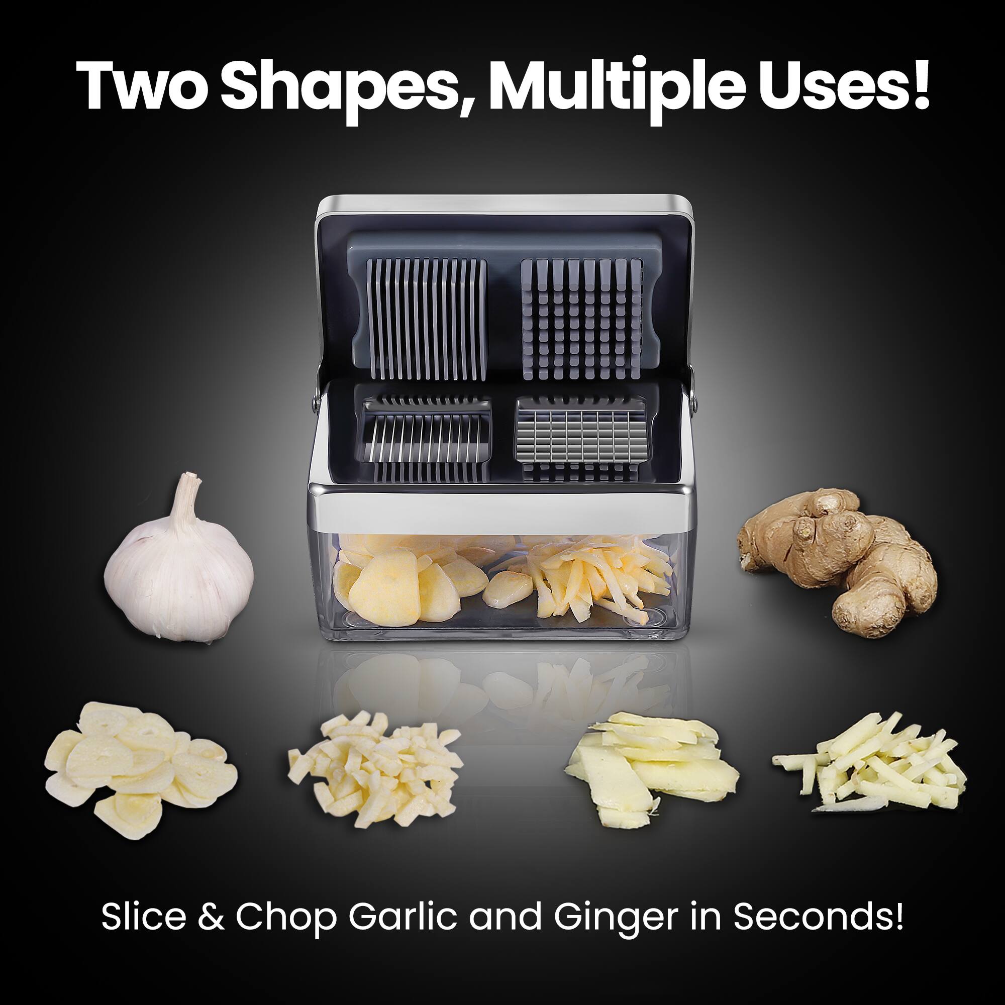 Angle. Gourmet Easy - Garlic Press Stainless Steel, Garlic Chopper Mini & Slicer Super Thin 2 in 1, Odor Free Ginger Dicer + Container - Stainless Steel.