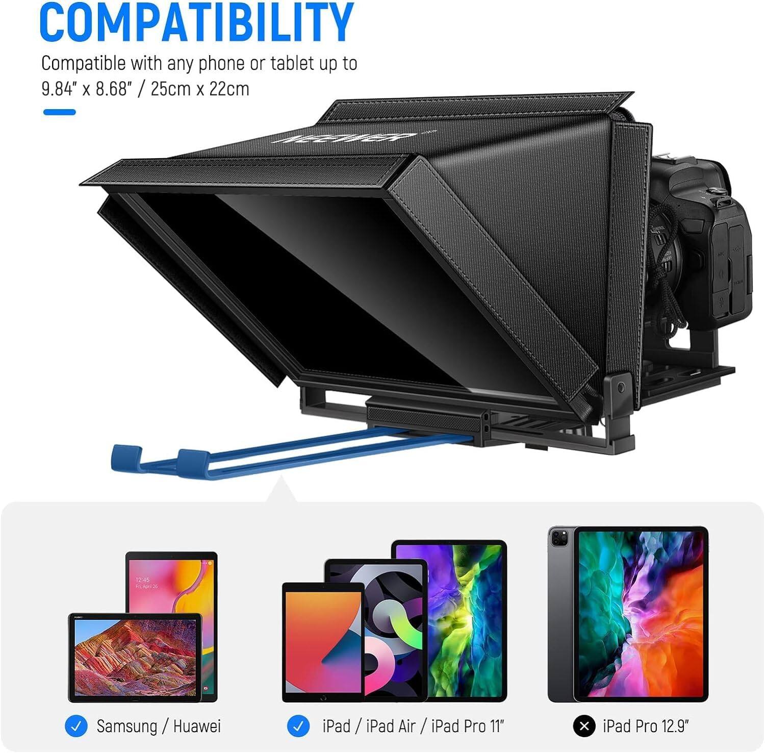 COMPATIBILITY  
Compatible with any phone or tablet up to 9.84" x 8.68" / 25cm x 22cm  

- Samsung / Huawei  
- iPad / iPad Air / iPad Pro 11"  
- iPad Pro 12.9"