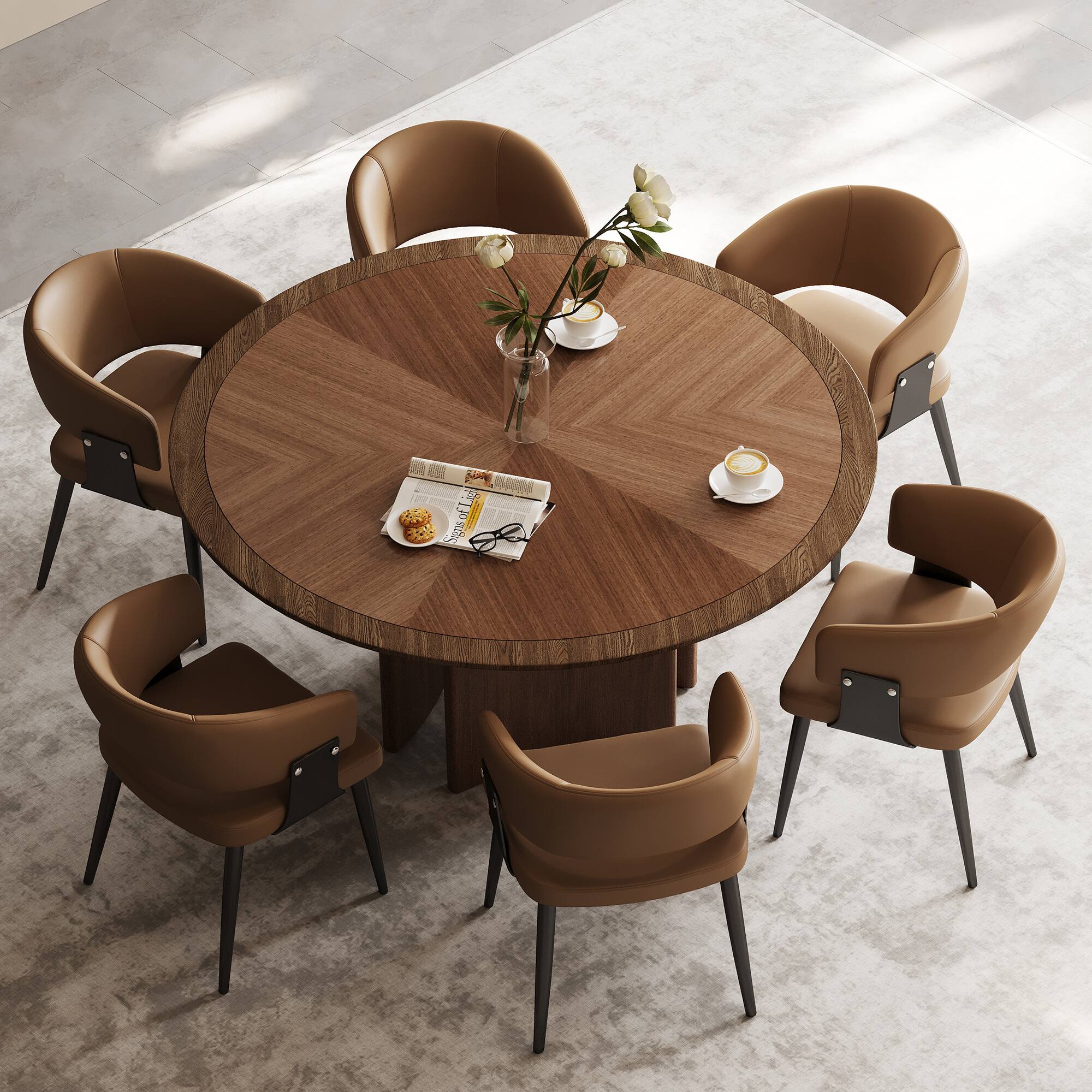 Alt View 3. luck idea - 59.05" Round Dining Table with Geometric Mosaic Tabletop and Half-Moon Base - Walnut color.