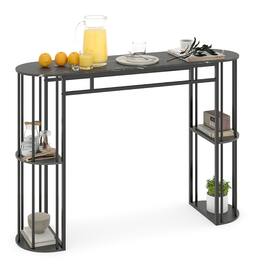 Gymax - 60'' Long Bar Table Narrow Pub Table w/Faux Marble Tabletop & Storage Shelves Grey - Black