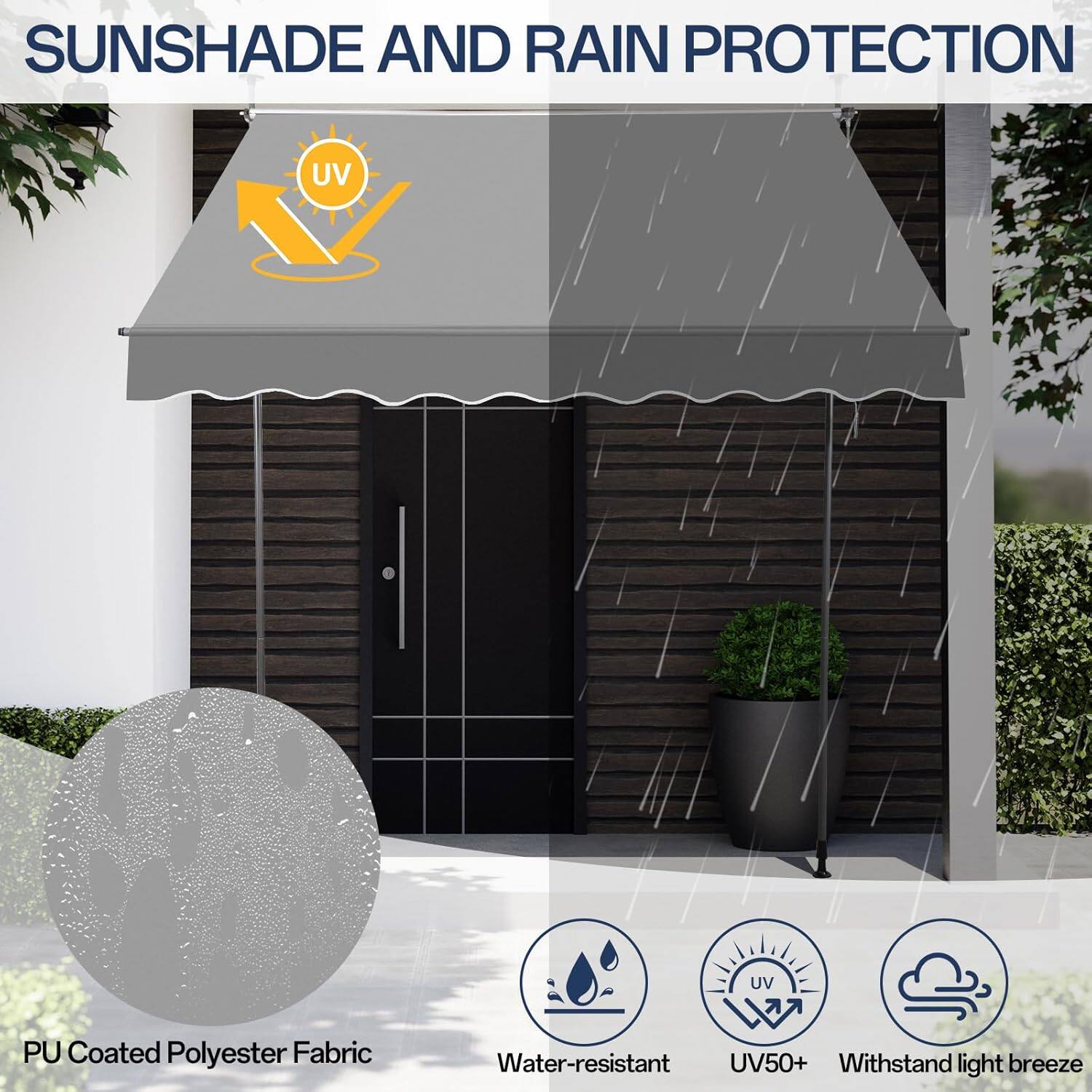 SUNSHADE AND RAIN PROTECTION

- UV UV
- PU Coated Polyester Fabric
- Water-resistant
- UV50+
- Withstand light breeze