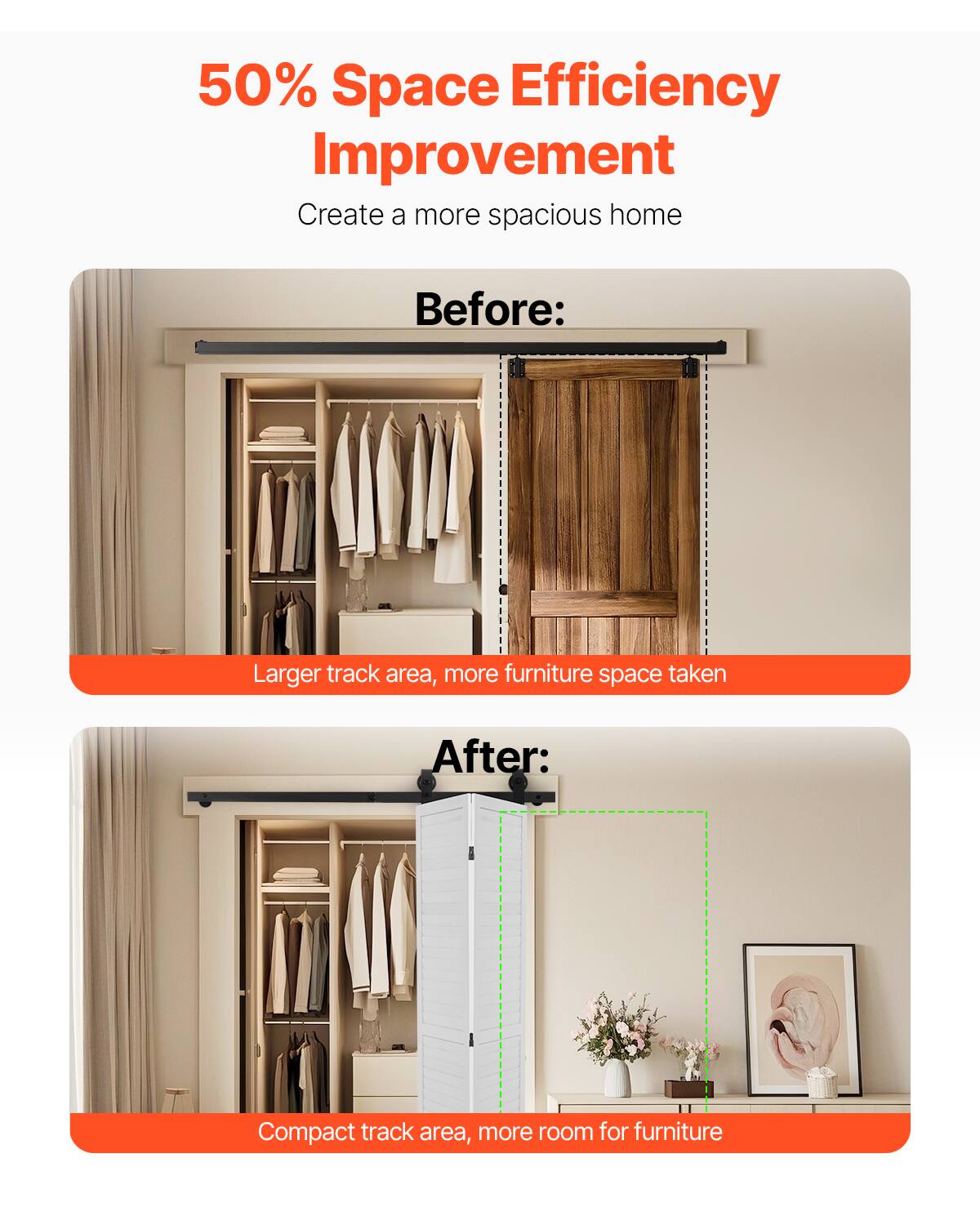 50% Space Efficiency Improvement  
Create a more spacious home  

Before:  
Larger track area, more furniture space taken  

After:  
Compact track area, more room for furniture