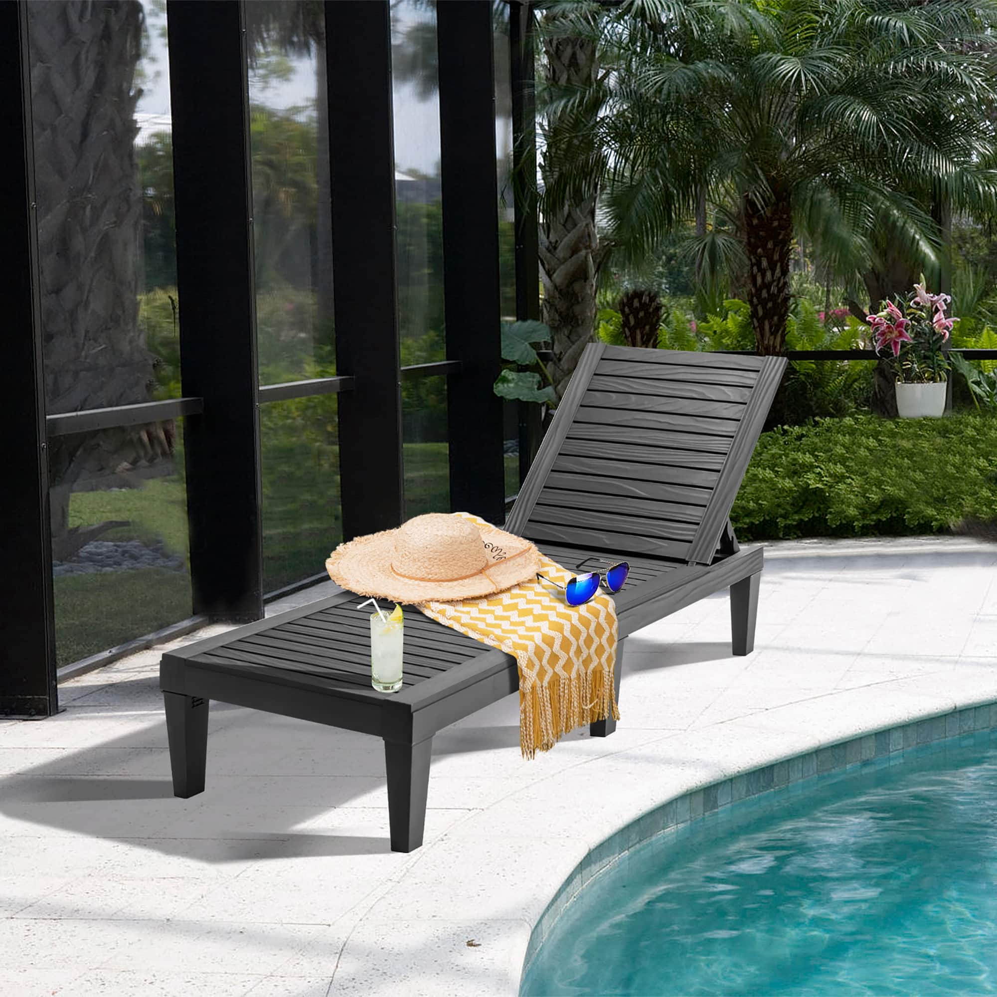 Costway - Patio Lounge Chair Chaise Recliner Weather Resistant Adjustable - Black