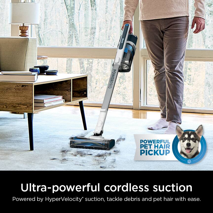 Shark POWERPRO  
POWERFUL PET HAIR PICKUP  
Ultra-powerful cordless suction  
Powered by HyperVelocity™ suction, tackle debris and pet hair with ease.
