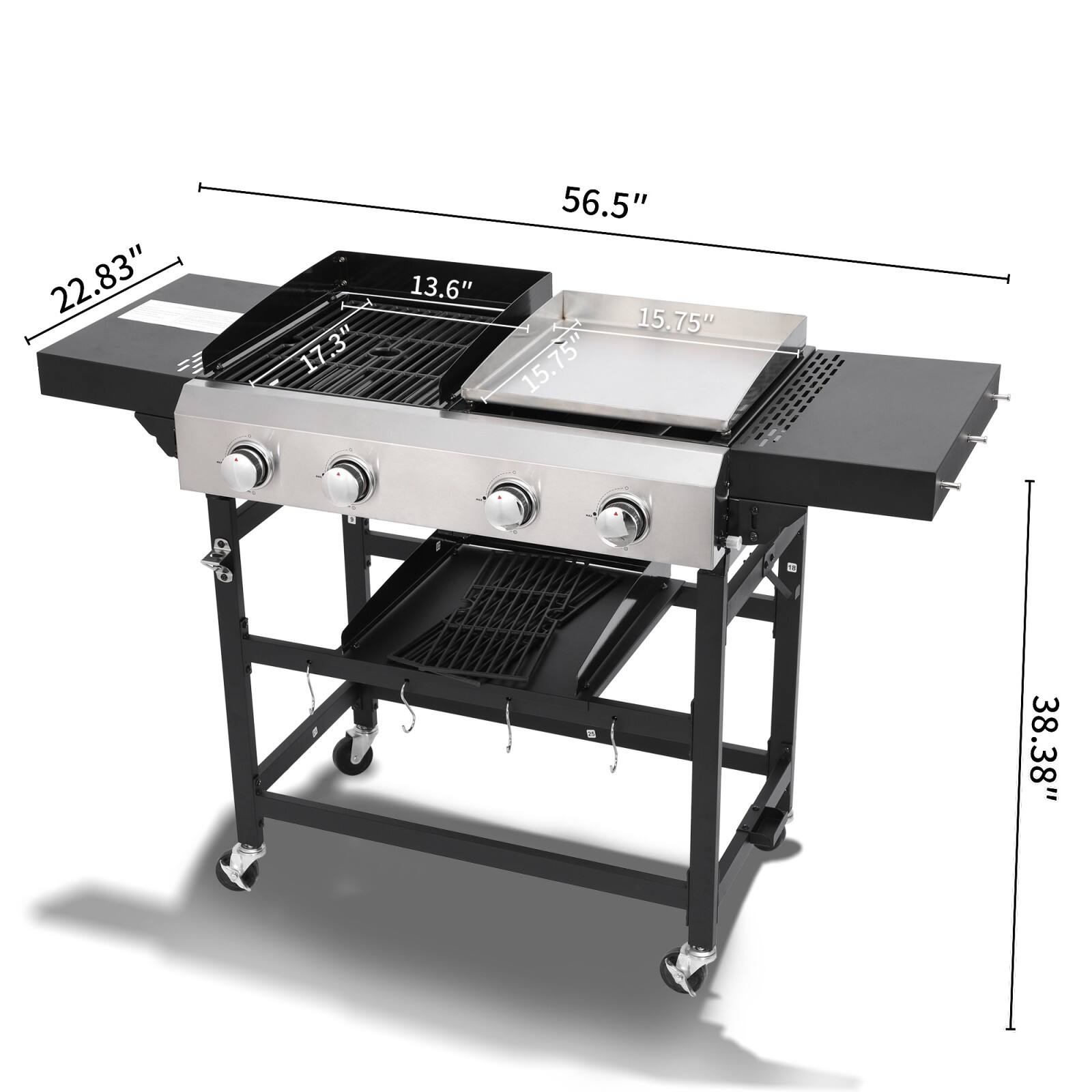 - Width: 56.5"
- Depth: 22.83"
- Height: 38.38"
- Grill Surface Width: 17.3"
- Grill Surface Depth: 13.6"
- Side Shelf Width: 15.75"