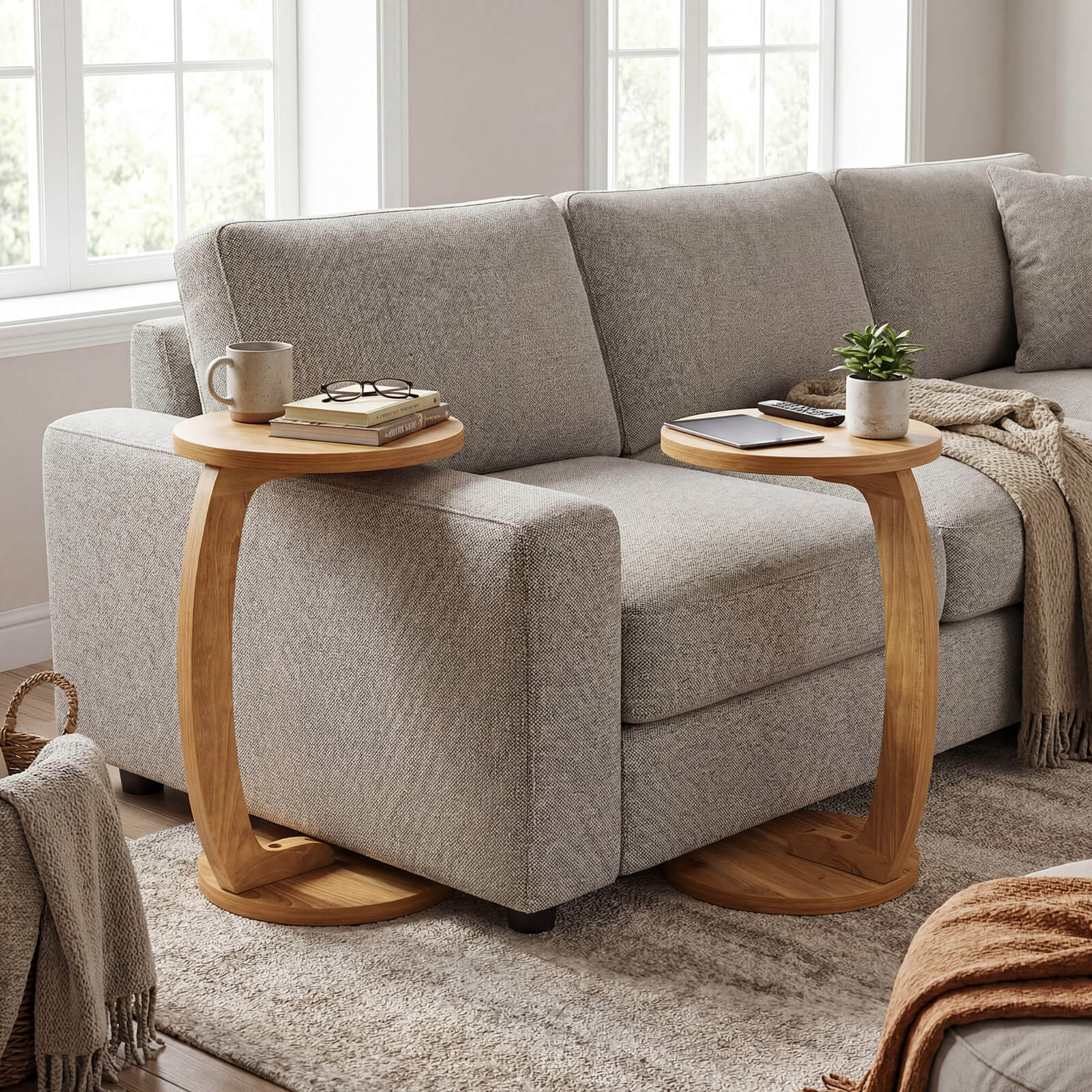 Alt View 1. Costway - Costway 2 PCS Round C-shaped Side Table, 24" Solid Teak Wood End Table with Thickened Top - Natural.