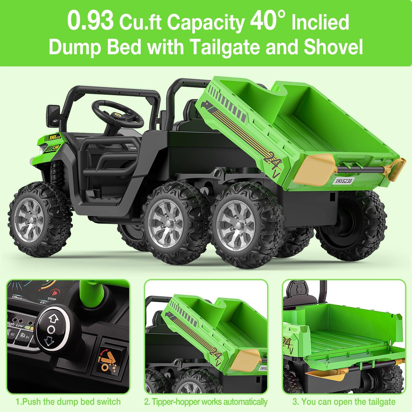 0.93 Cu.ft Capacity 40° Inclined Dump Bed with Tailgate and Shovel

1. Push the dump bed switch
2. Tipper-hopper works automatically
3. You can open the tailgate