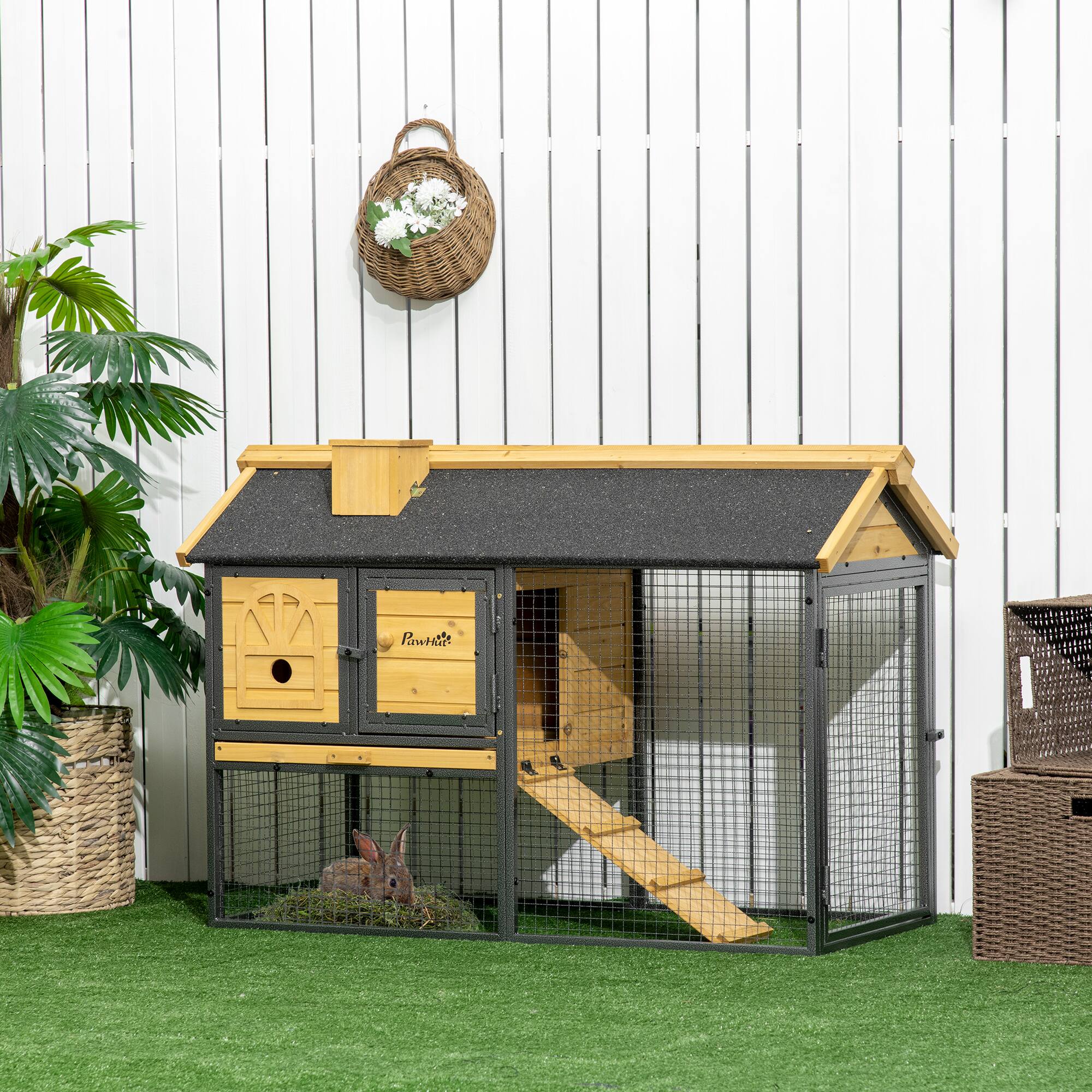 Angle. Pawhut - 47" Wooden Rabbit Hutch Outdoor with Run, Metal Frame, 2-Story, Removable Tray, Ramp, Space-Saving Design.
