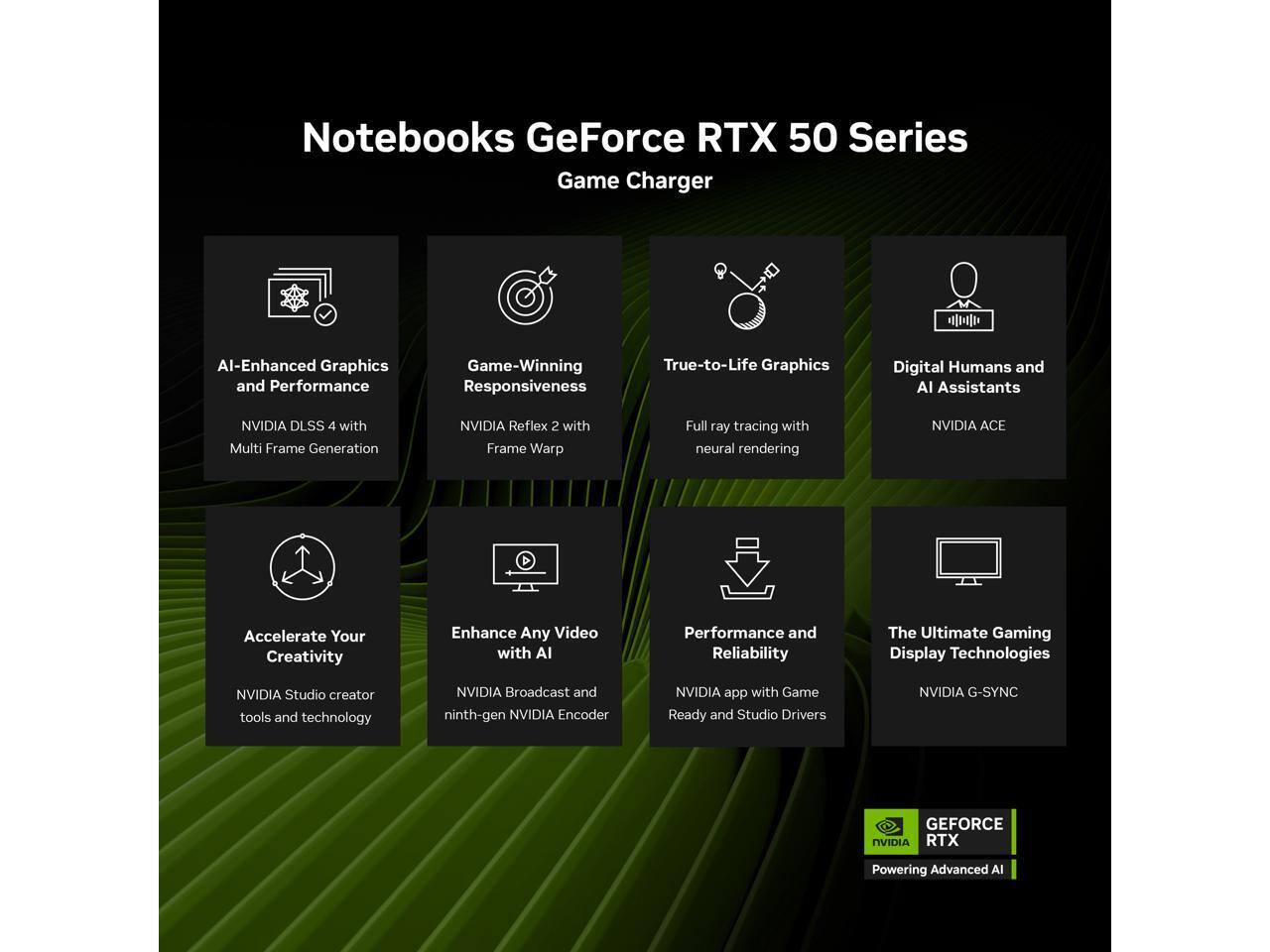 Notebooks GeForce RTX 50 Series Game Charger

- AI-Enhanced Graphics and Performance
  - NVIDIA DLSS 4 with Multi Frame Generation

- Game-Winning Responsiveness
  - NVIDIA Reflex 2 with Frame Warp

- True-to-Life Graphics
  - Full ray tracing with neural rendering

- Digital Humans and AI Assistants
  - NVIDIA ACE

- Accelerate Your Creativity
  - NVIDIA Studio creator tools and technology

- Enhance Any Video with AI
  - NVIDIA Broadcast and ninth-gen NVIDIA Encoder

- Performance and Reliability
  - NVIDIA app with Game Ready and Studio Drivers

- The Ultimate Gaming Display Technologies
  - NVIDIA G-SYNC

- NVIDIA RTX
  - Powering Advanced AI