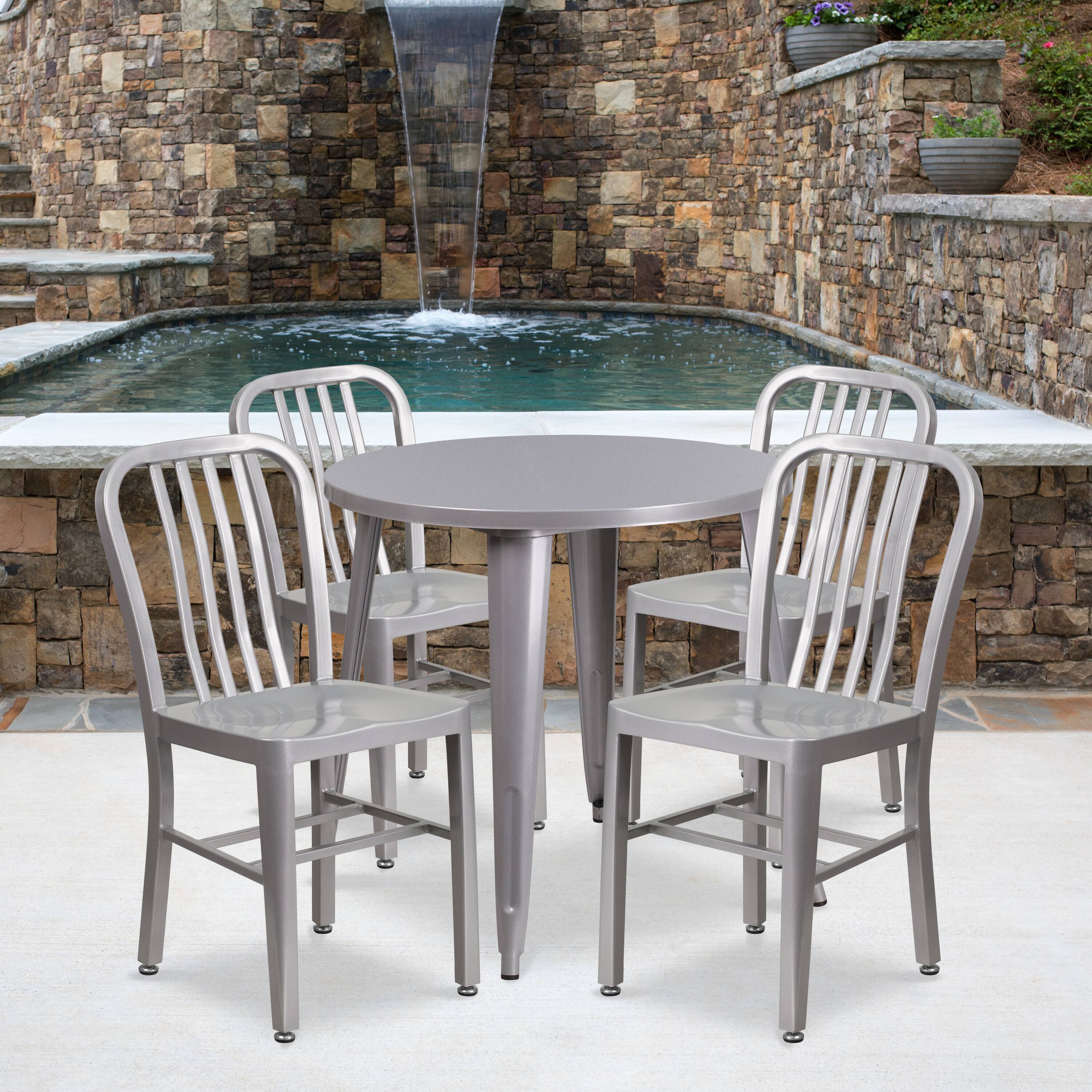 Front. Emma + Oliver - Commercial Grade 30" Round Metal Indoor-Outdoor Table Set & 4 Slat Back Chairs - Silver.